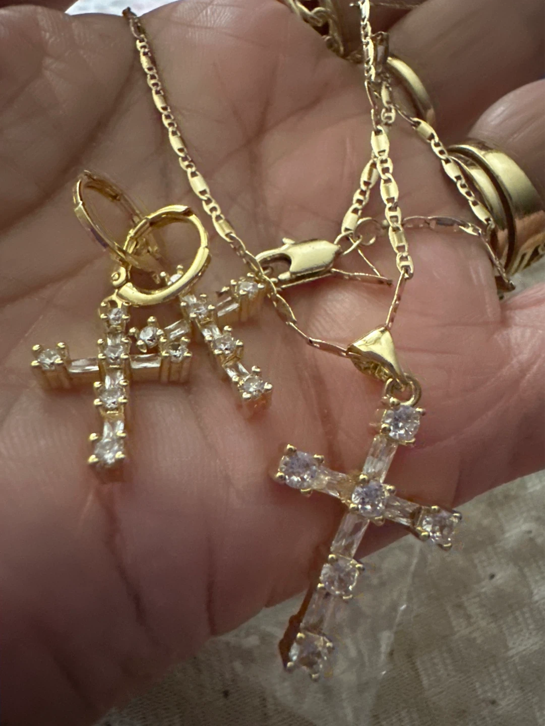 Gold Cross Necklace and Earring Set with Rhinestones