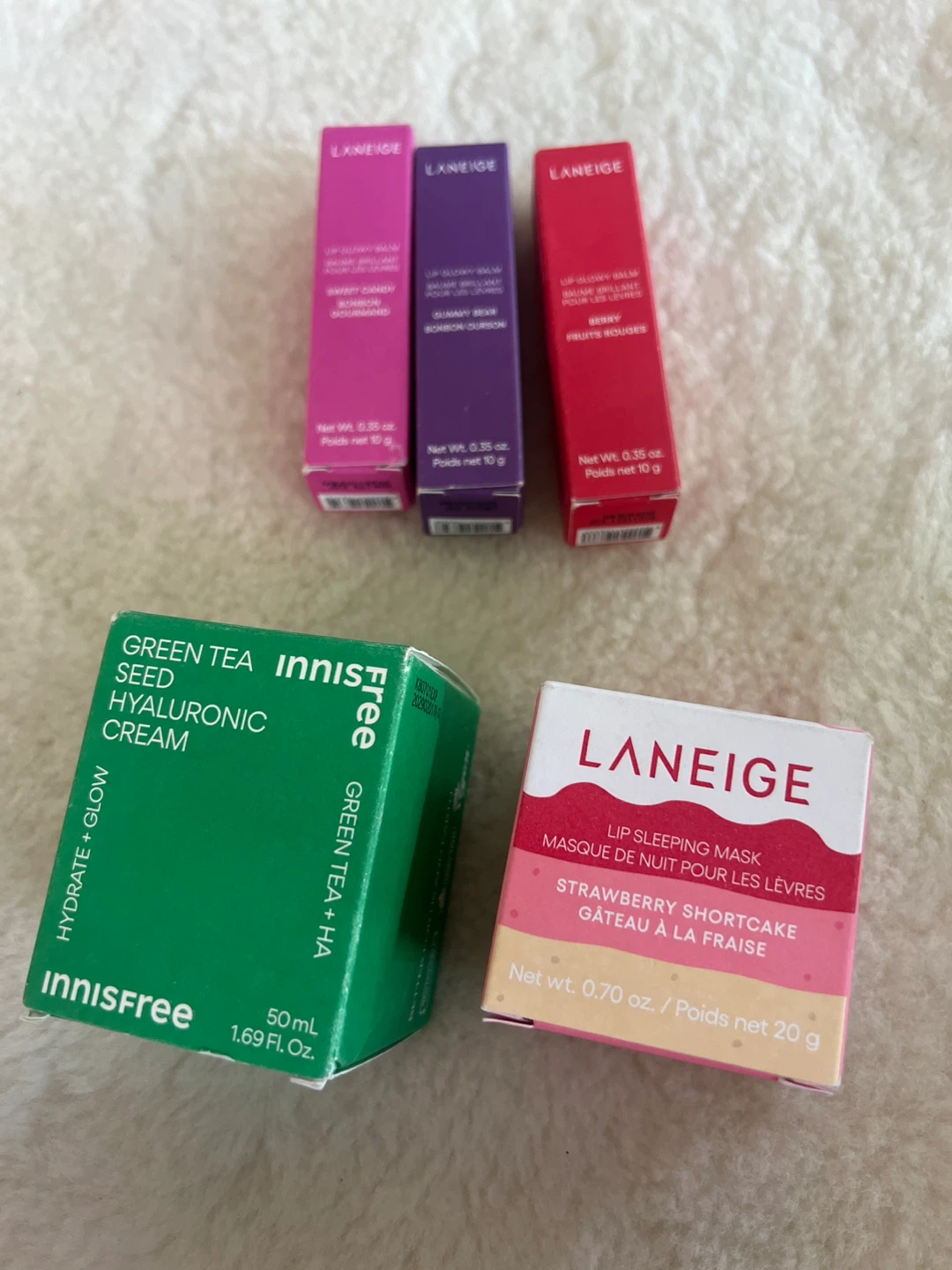 Innisfree Green Tea Seed Hyaluronic Cream & Laneige Lip Balms
