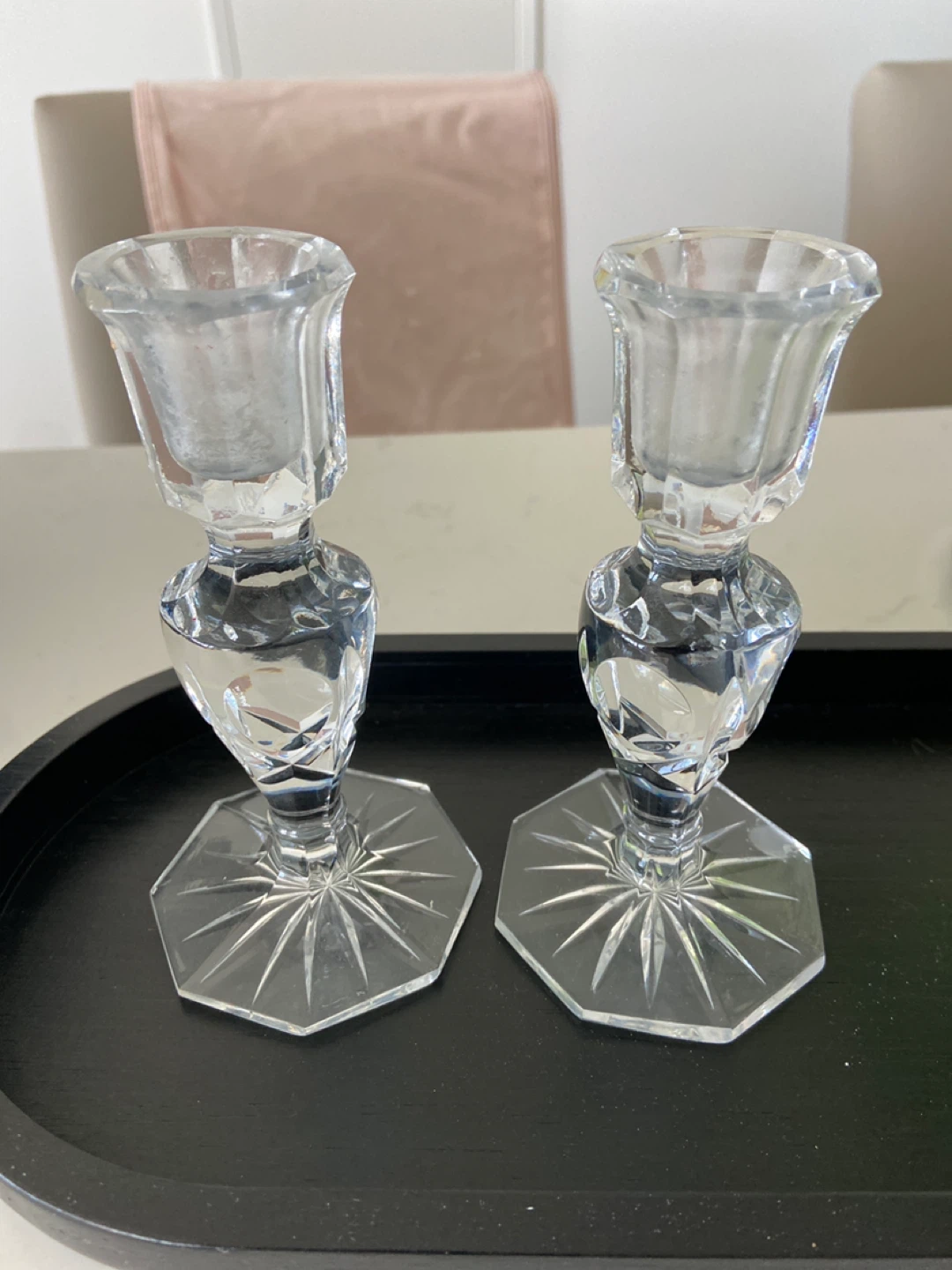 Pair of Clear Crystal Glass Candlesticks