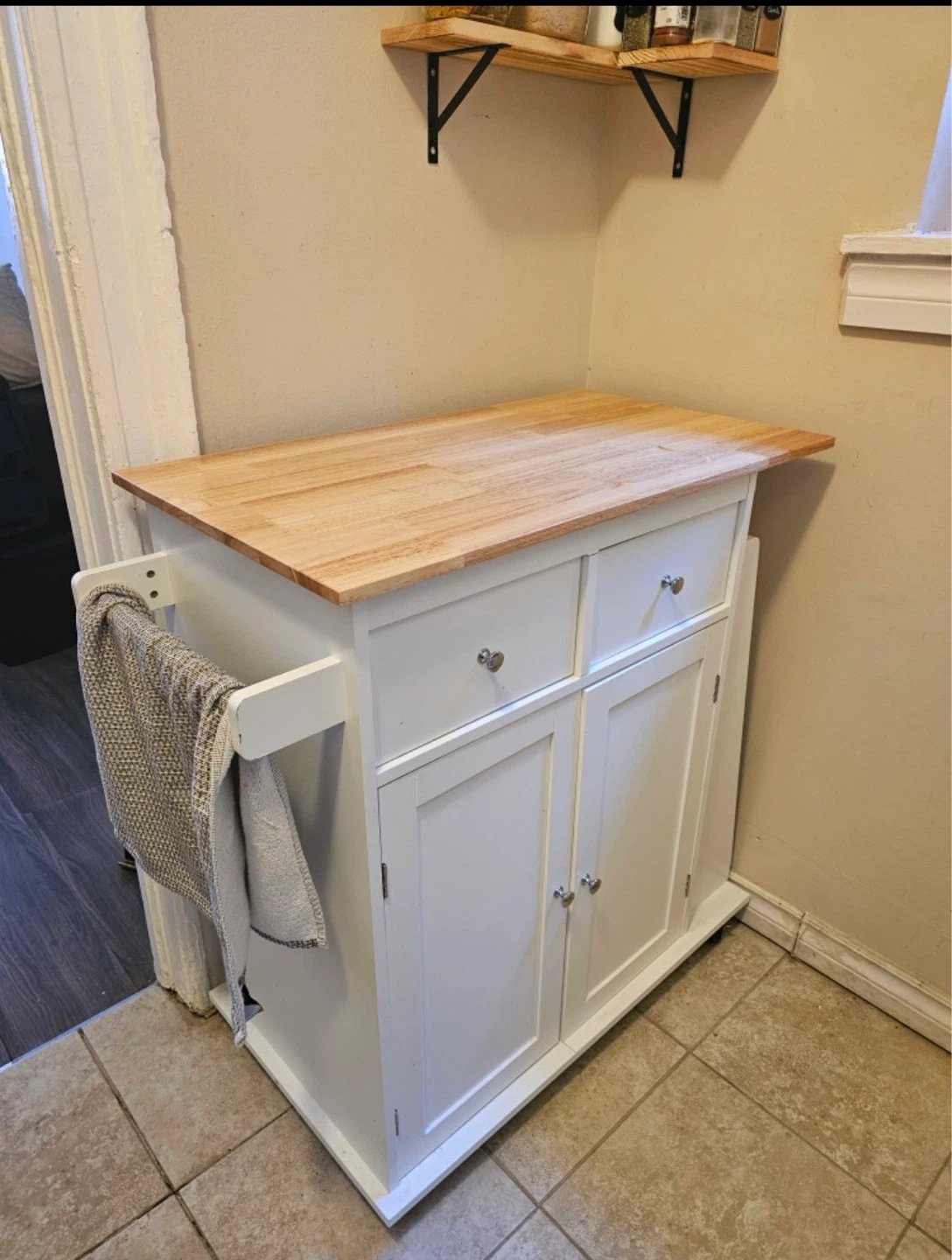 White Kitchen Island Cart with Wood Top