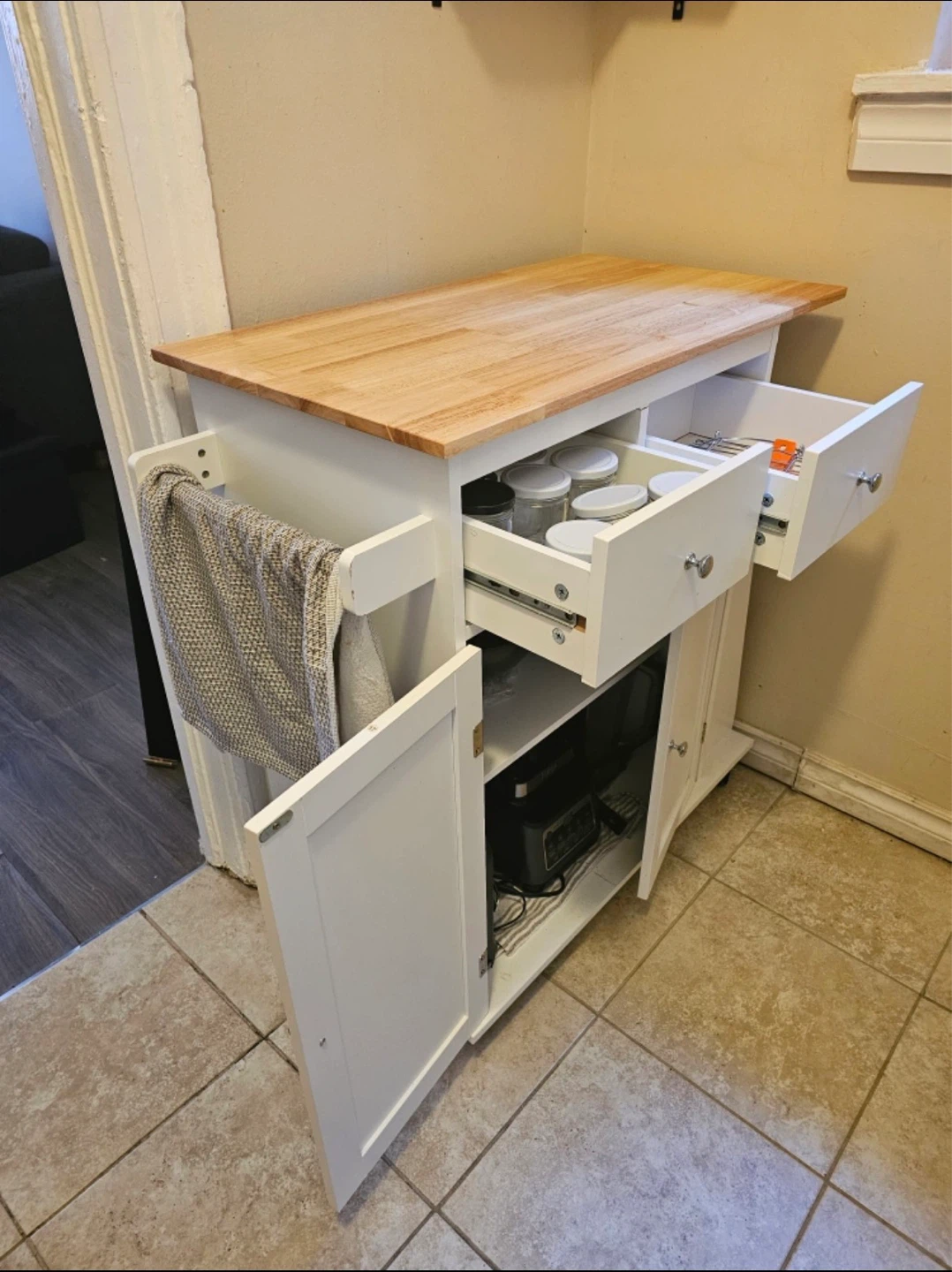 White Kitchen Island Cart with Wood Top - photo 2