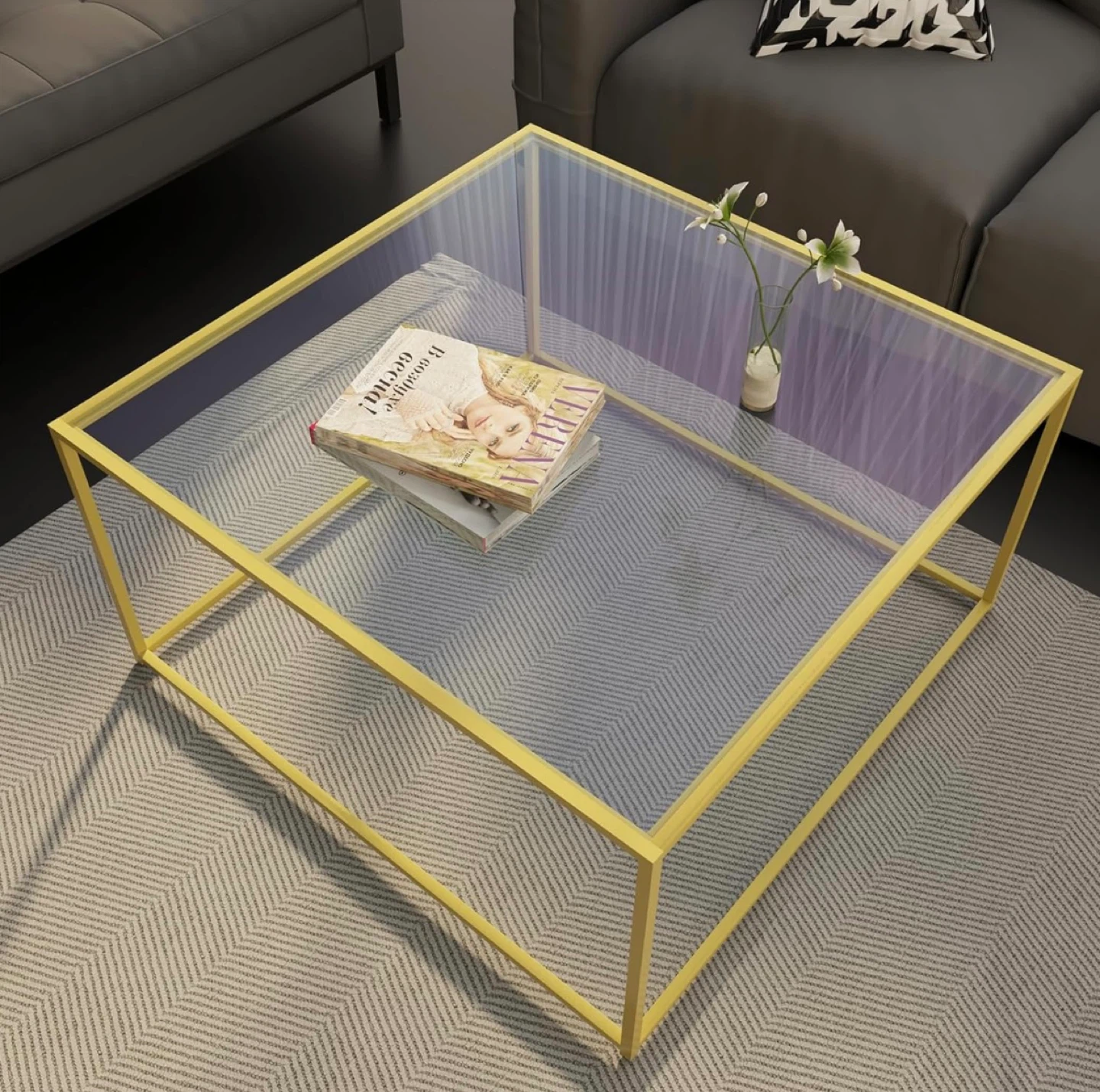 Glass Coffee Table with Gold Frame