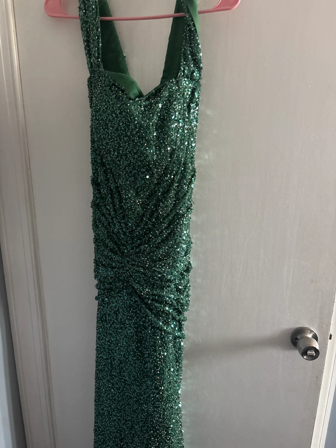 LAVELIYA Emerald Green Sequin Halter Gown