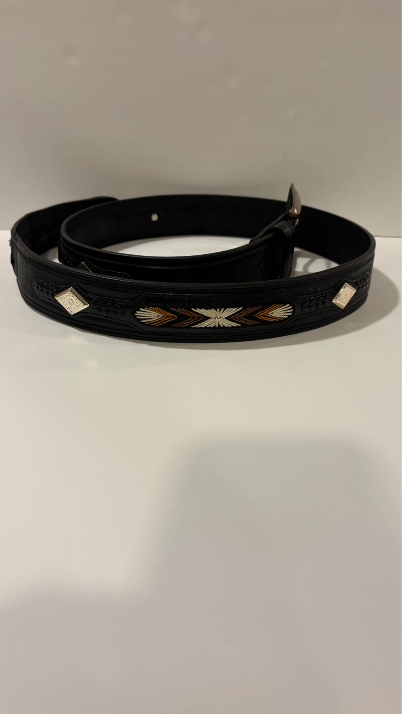 Western Style Black Leather Belt with Engraved Buckle