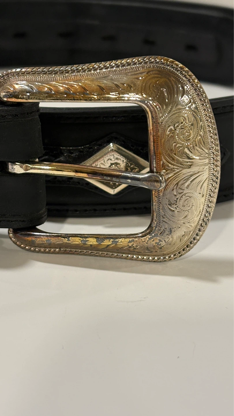 Western Style Black Leather Belt with Engraved Buckle - photo 3