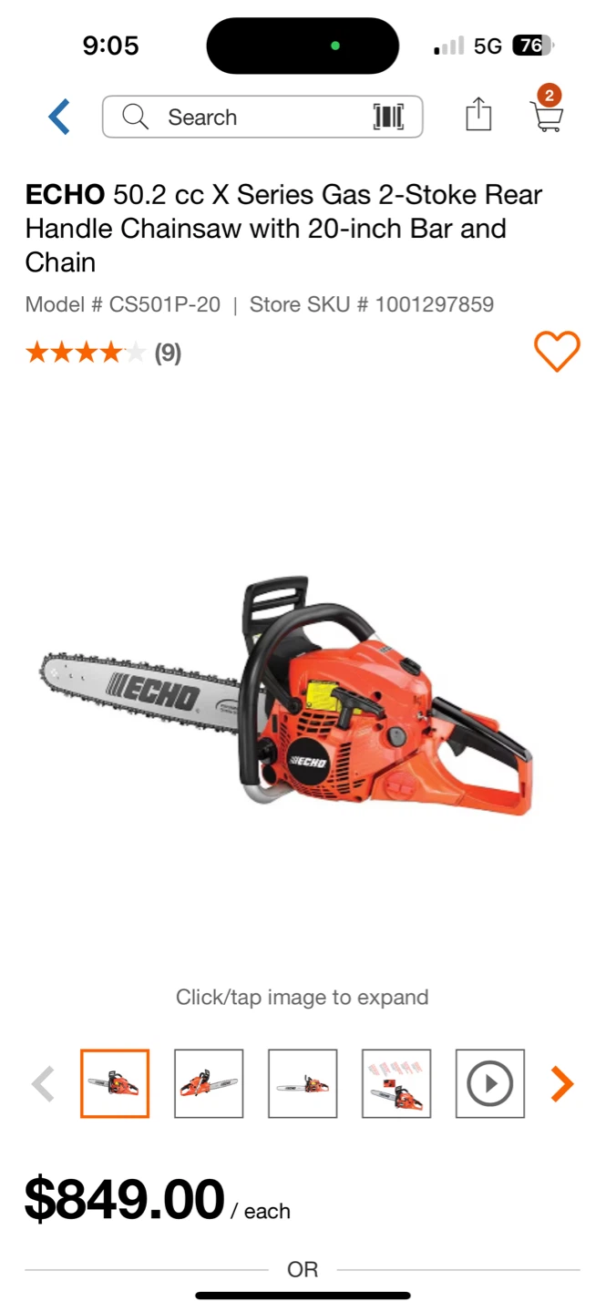 ECHO 50.2 cc Gas 2-Stroke Rear Handle Chainsaw w/ 20-inch Bar - photo 2