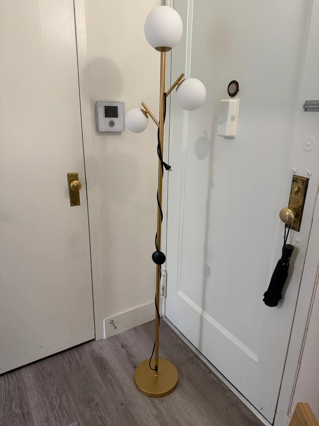 Modern Gold Floor Lamp with 3 White Globe Shades