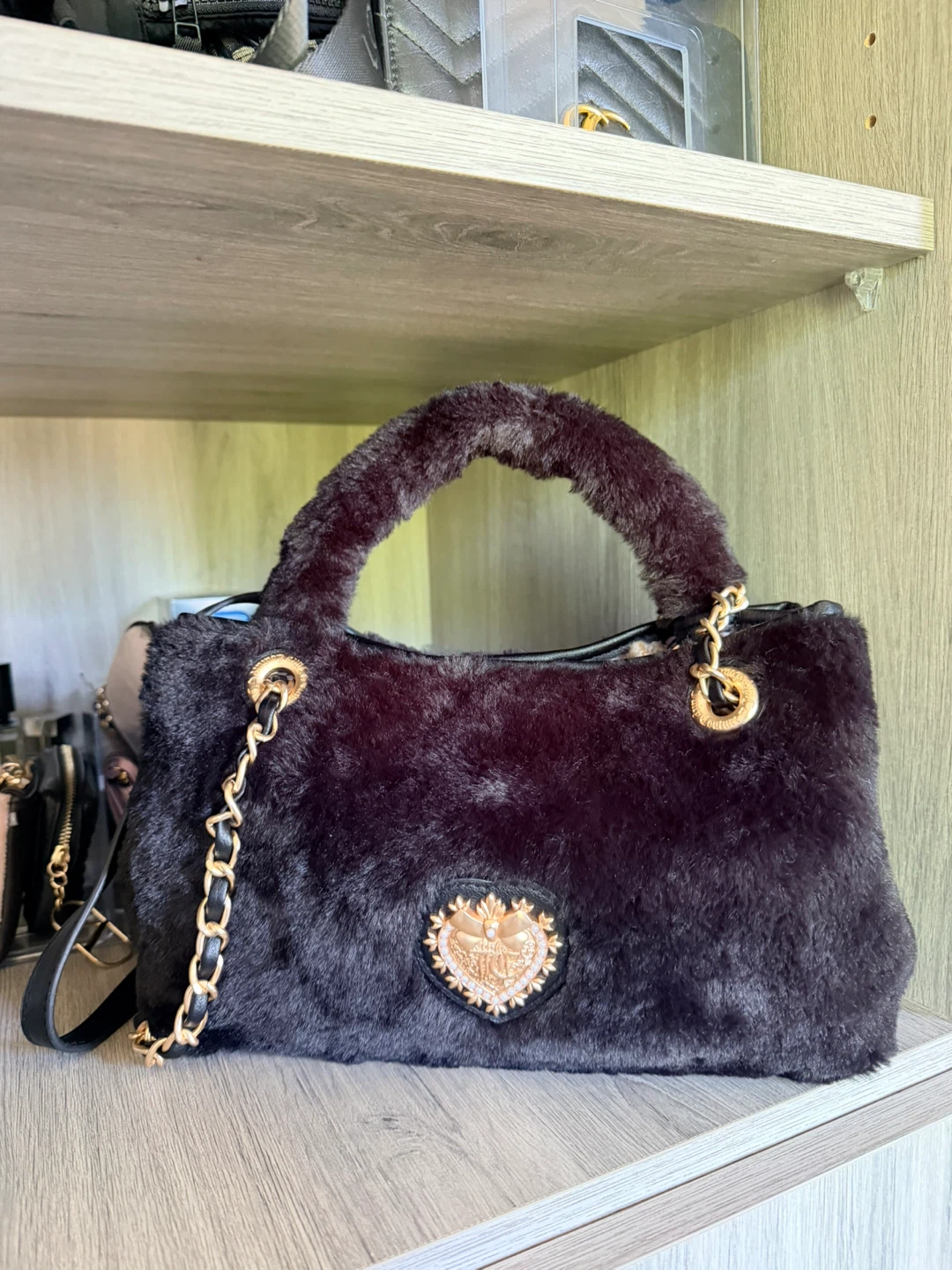 Juicy Couture Black Faux Fur Handbag with Gold Chain