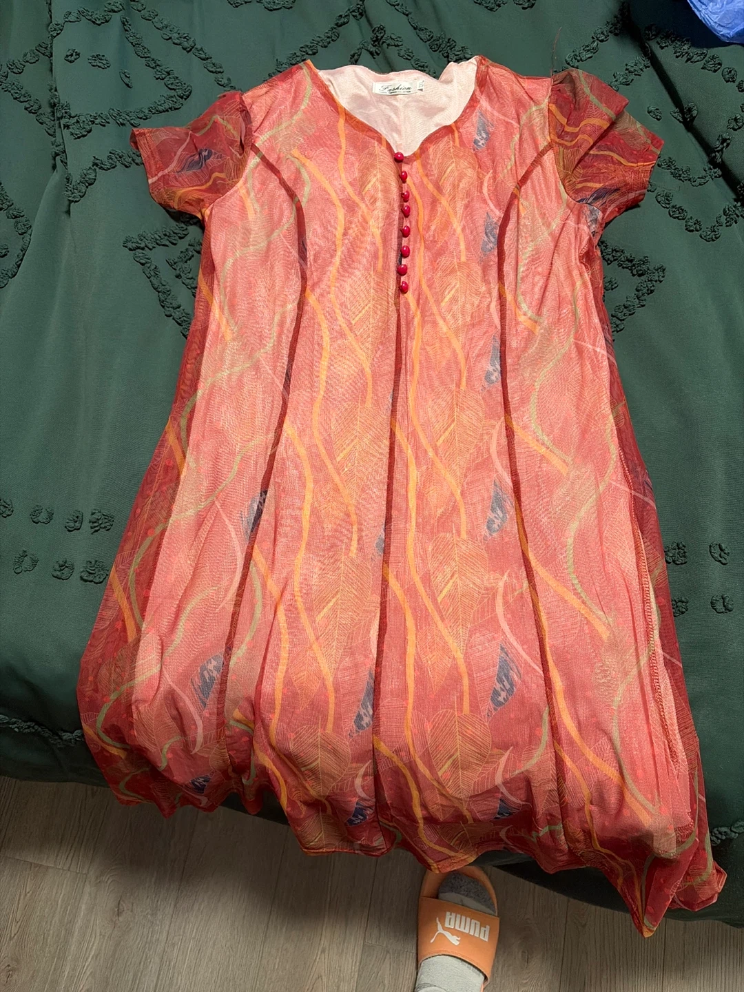 Women's Sheer Orange Dress with Leaf Pattern