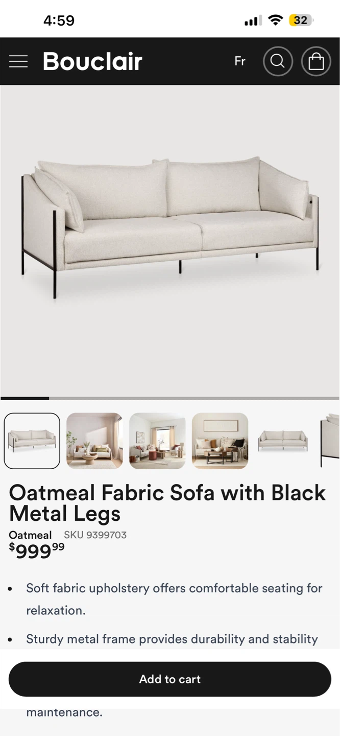 Oatmeal Fabric Sofa with Black Metal Legs - photo 3