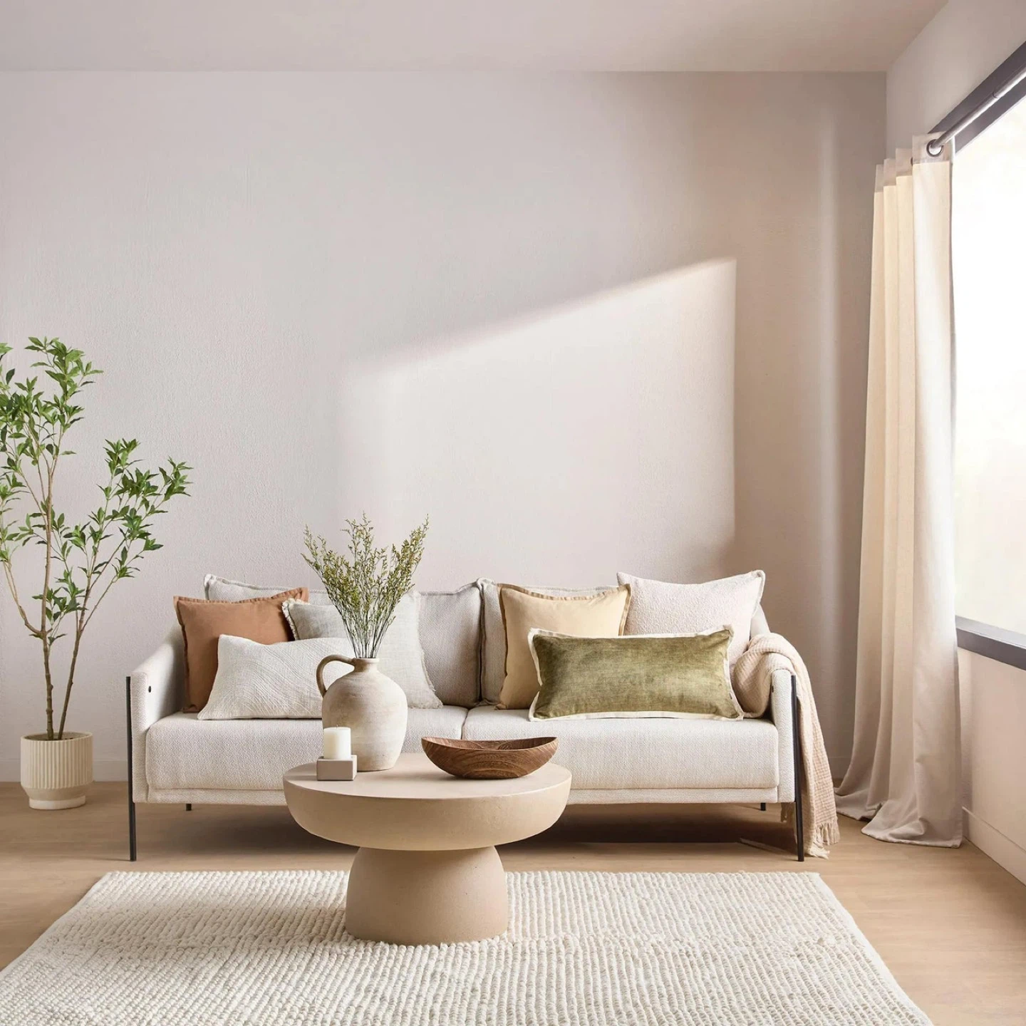 Oatmeal Fabric Sofa with Black Metal Legs