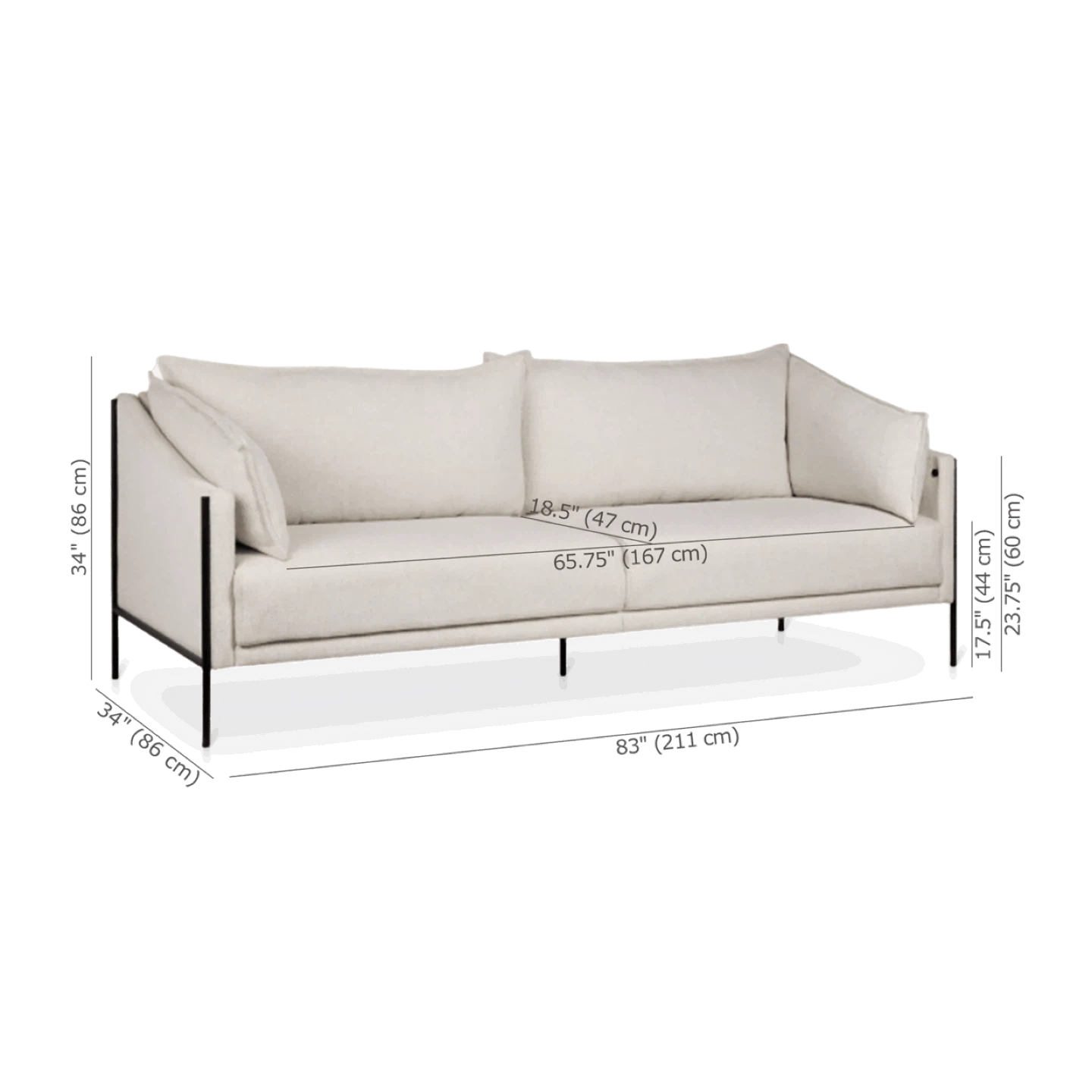 Oatmeal Fabric Sofa with Black Metal Legs - photo 2