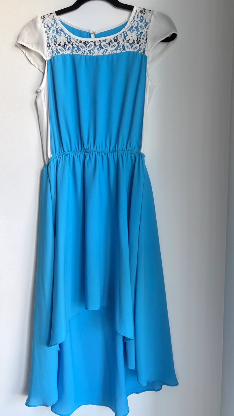 Blue and White High-Low Dress with Lace Detail
