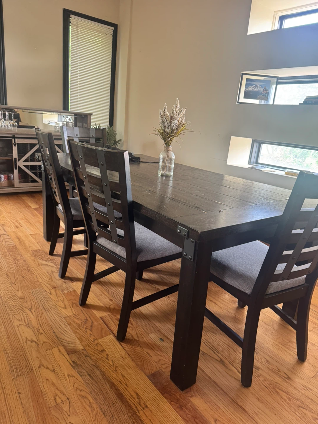 Dark Wood Dining Table with 4 Chairs and Bench
