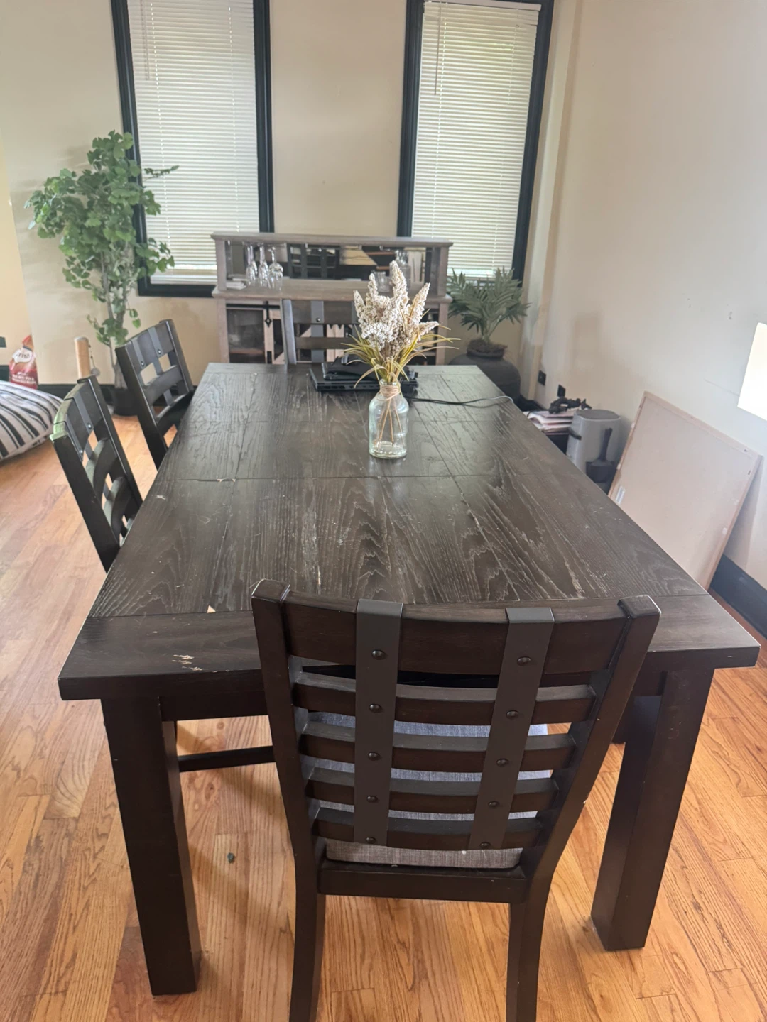 Dark Wood Dining Table with 4 Chairs and Bench - photo 3