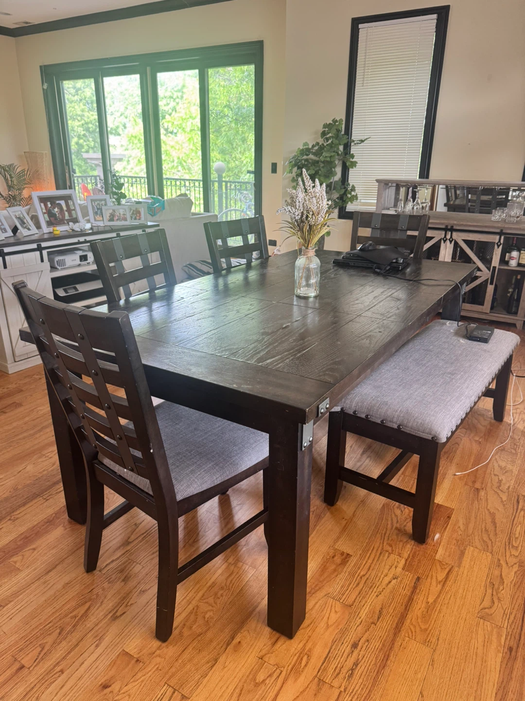 Dark Wood Dining Table with 4 Chairs and Bench - photo 2