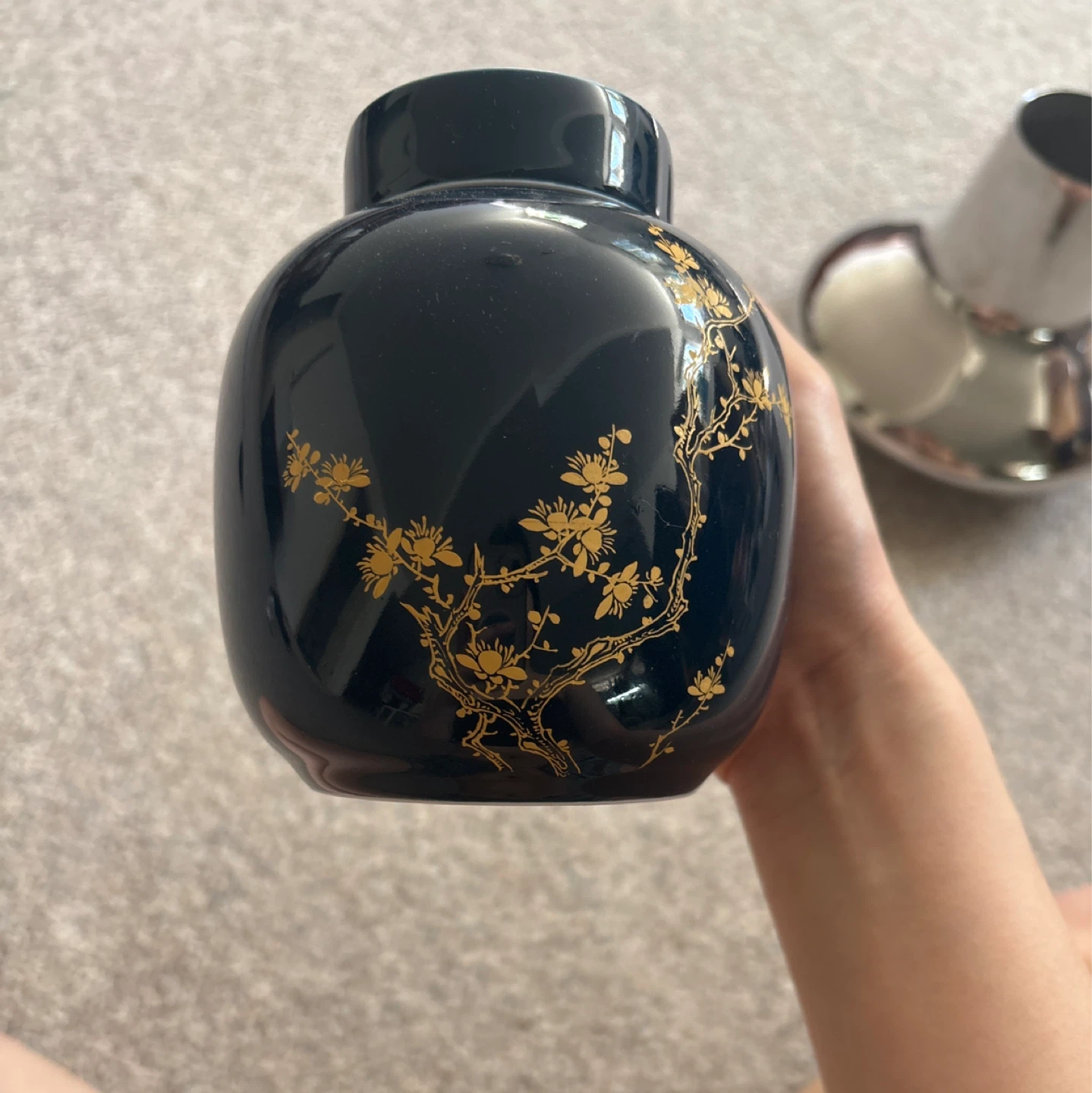 Black Ginger Jar with Gold Floral Design
