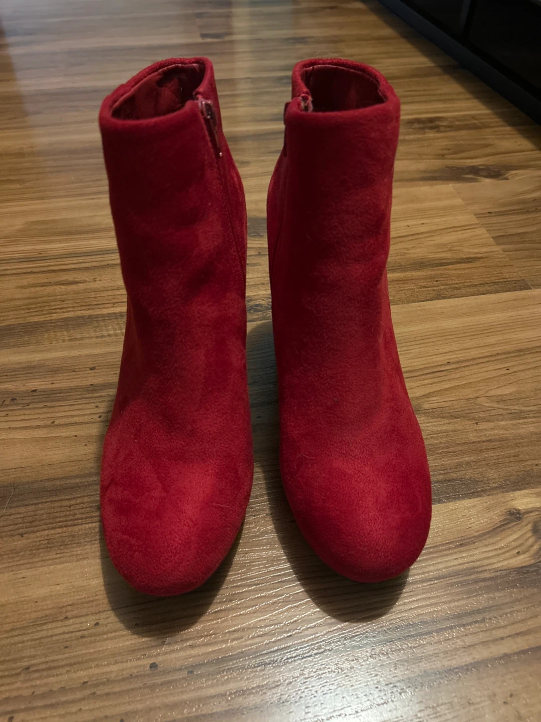 Red Faux Suede Heeled Ankle Boots