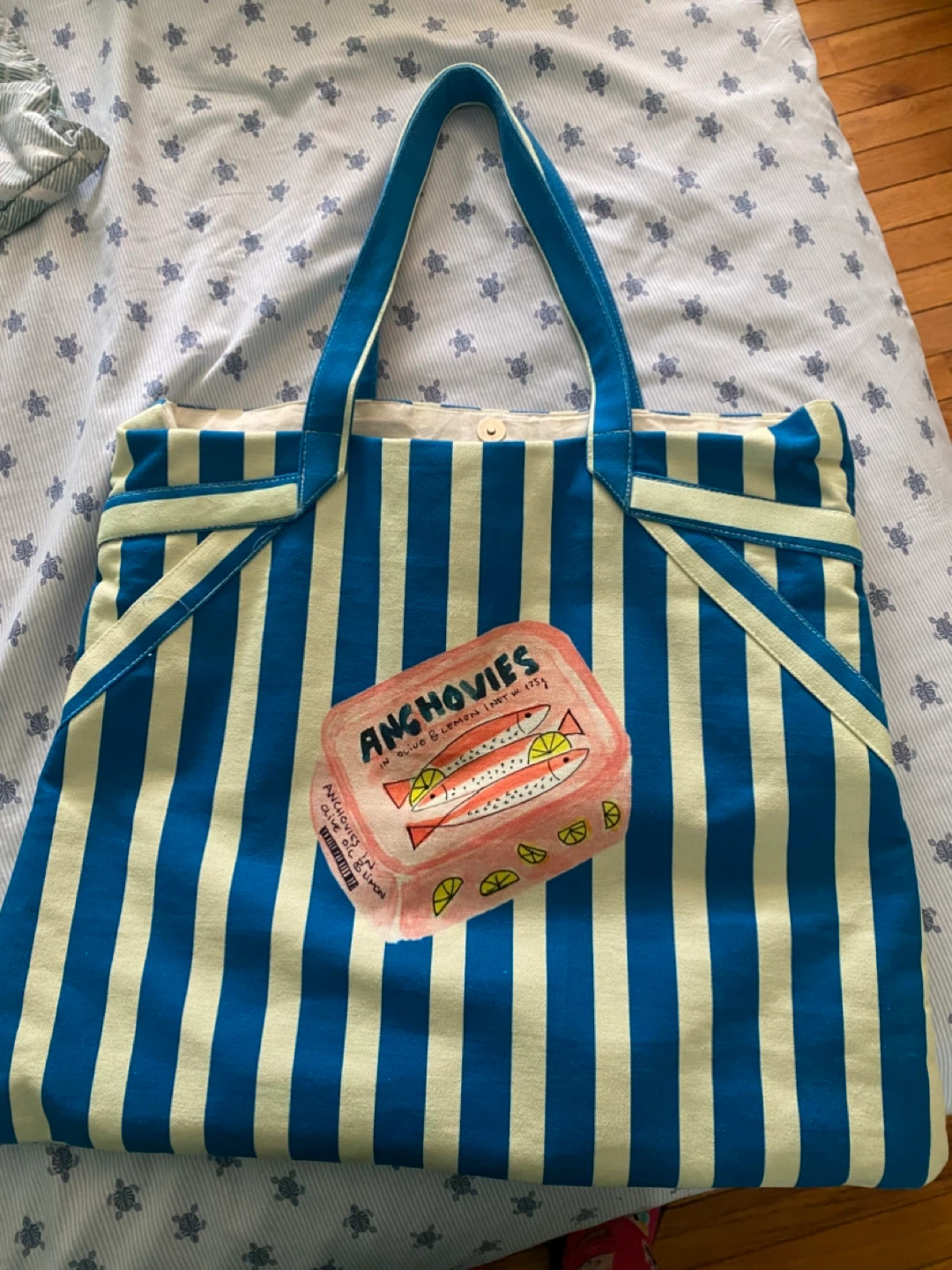 Blue and White Striped Tote Bag with Anchovy Print - photo 2
