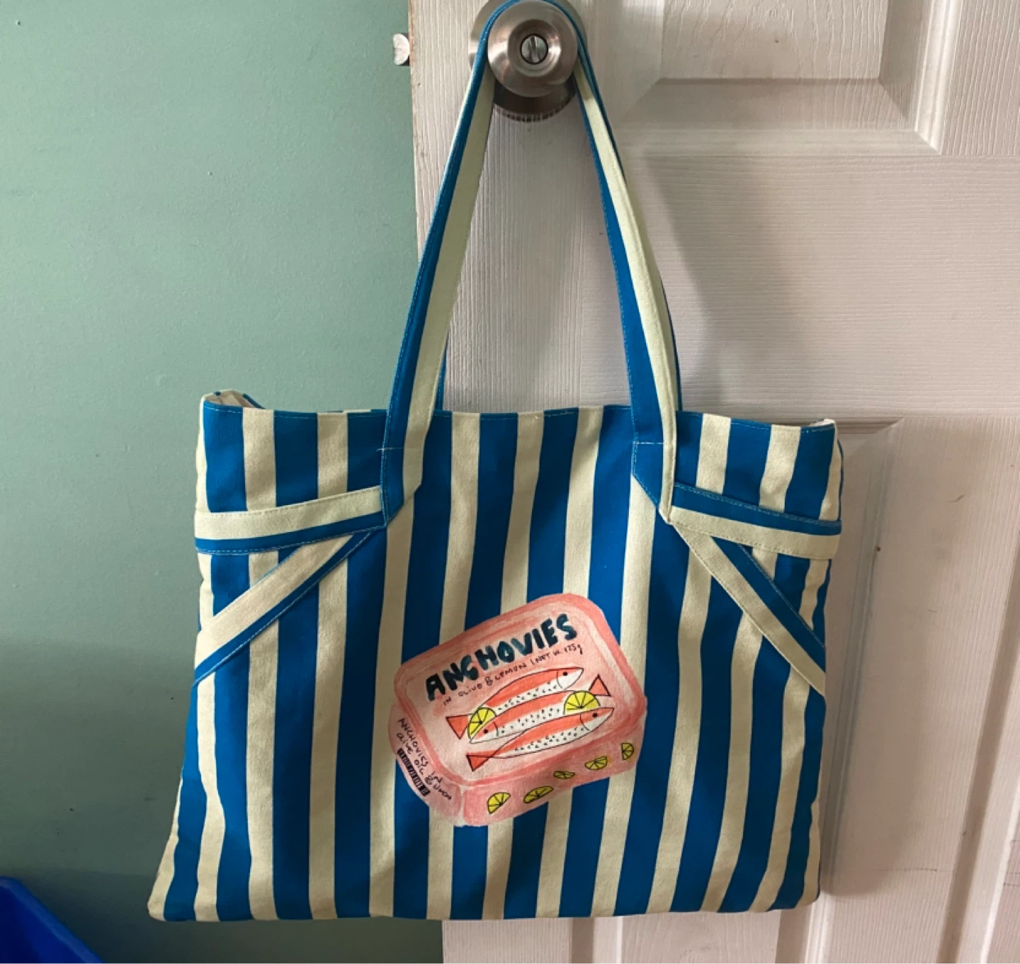 Blue and White Striped Tote Bag with Anchovy Print