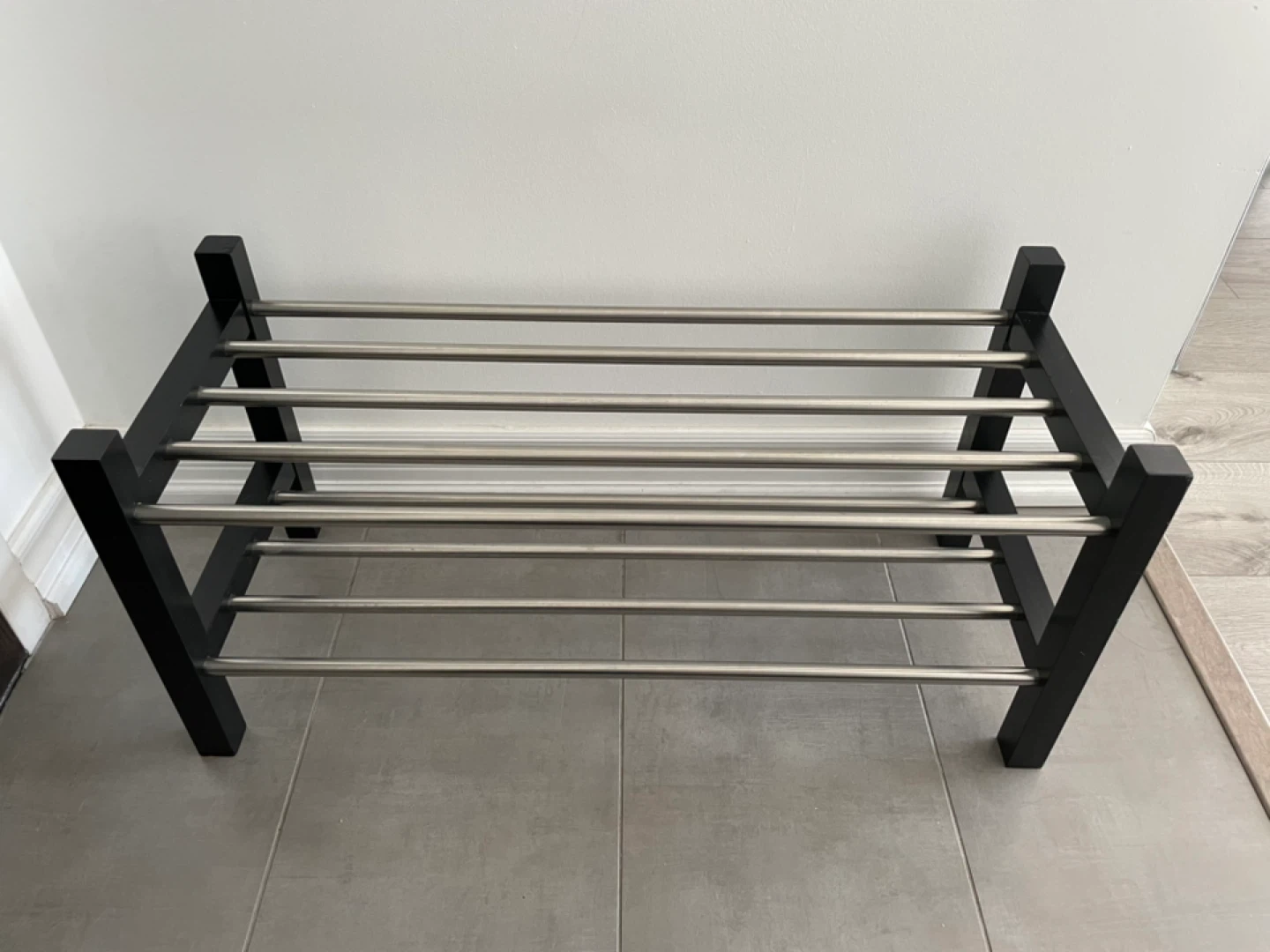 Moving 6/19) IKEA Tjusig Black Wood and Metal Shoe Rack