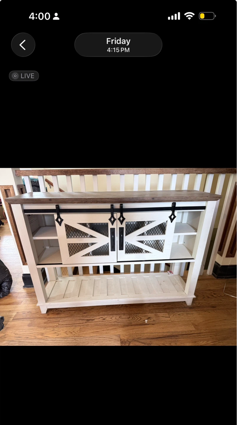 White and Wood Farmhouse Console Table with Barn Doors