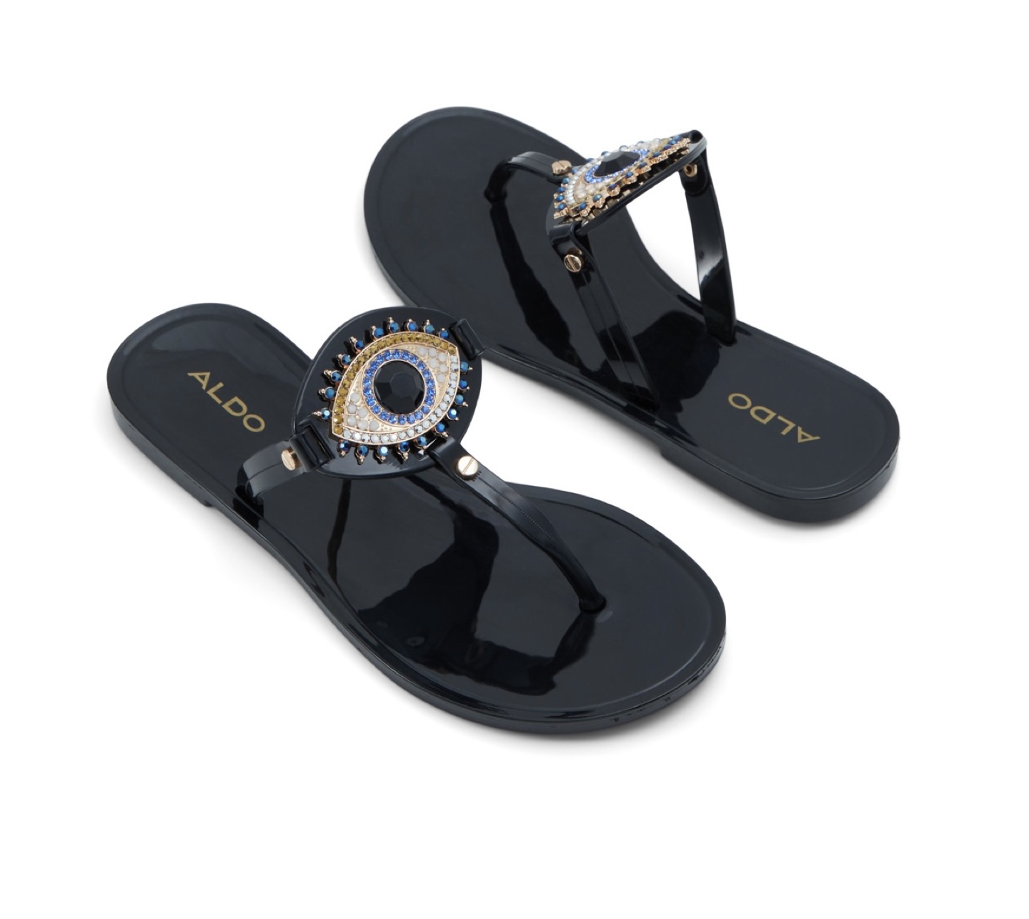 ALDO Black Jelly Sandals with Evil Eye Embellishment
