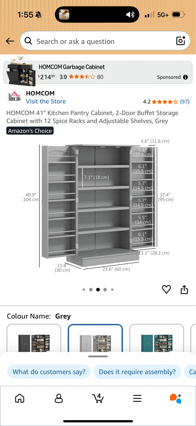 HOMCOM 41" Kitchen Pantry Cabinet