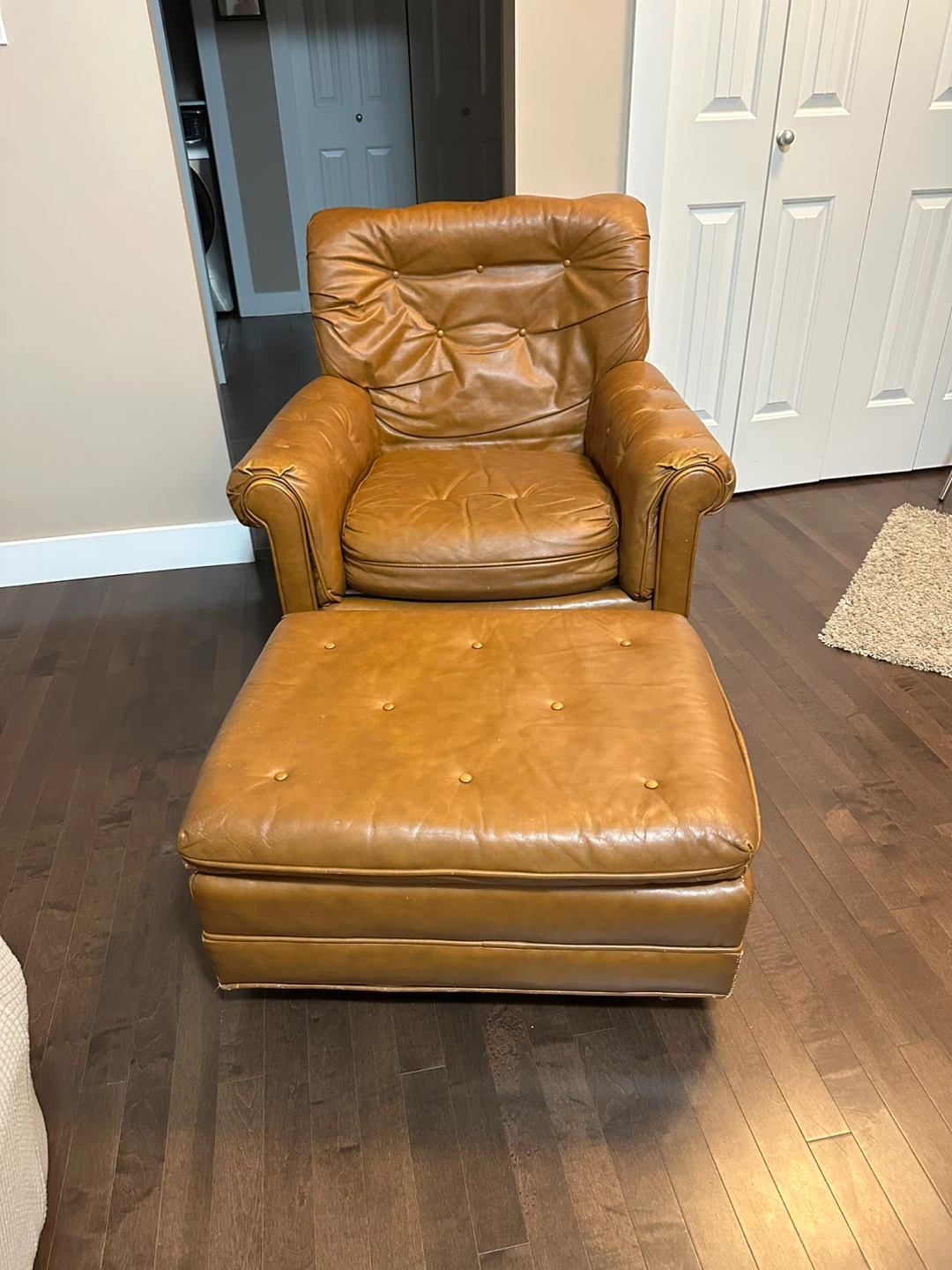 Tan Leather Armchair and Ottoman Set
