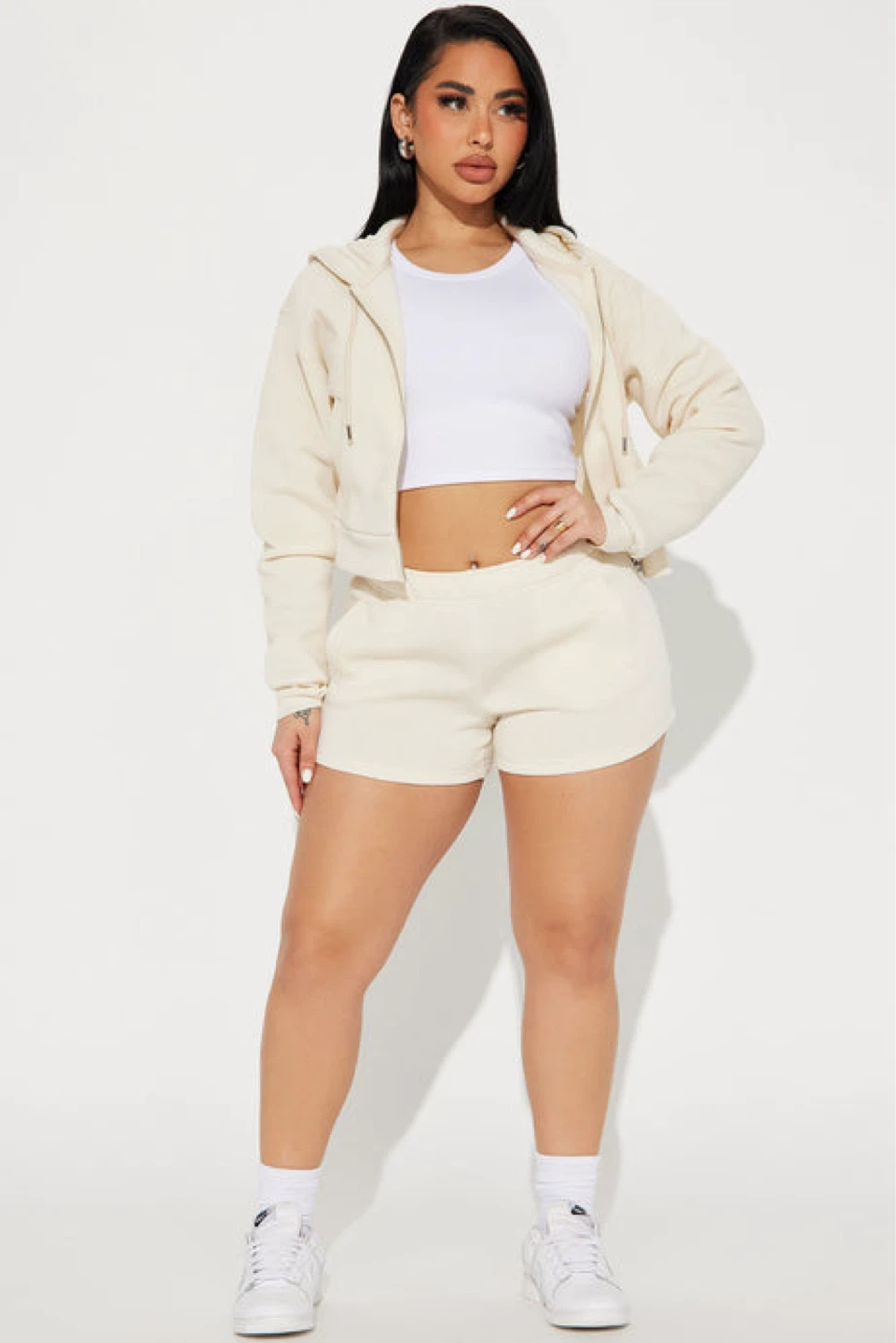 Cream Cropped Zip-Up Hoodie & Shorts Set