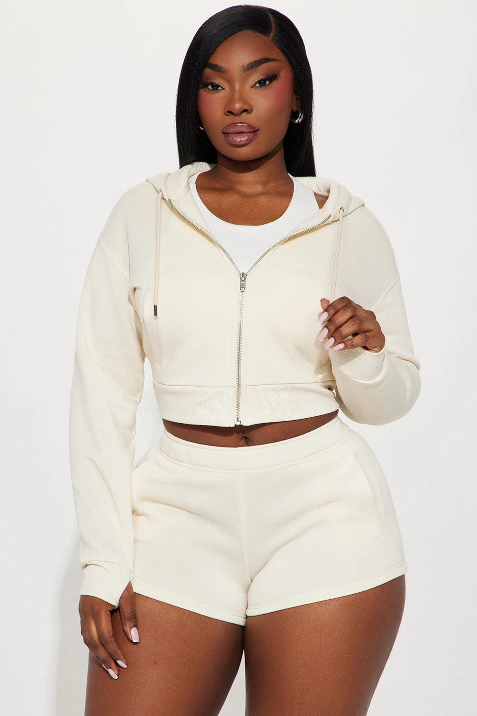 Cream Cropped Zip-Up Hoodie & Shorts Set - photo 2
