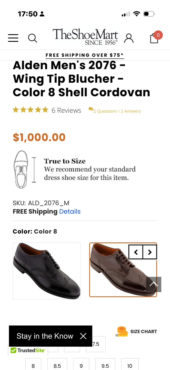 Alden Men's Wing Tip Blucher Shoes Color 8 Shell Cordovan - photo 5