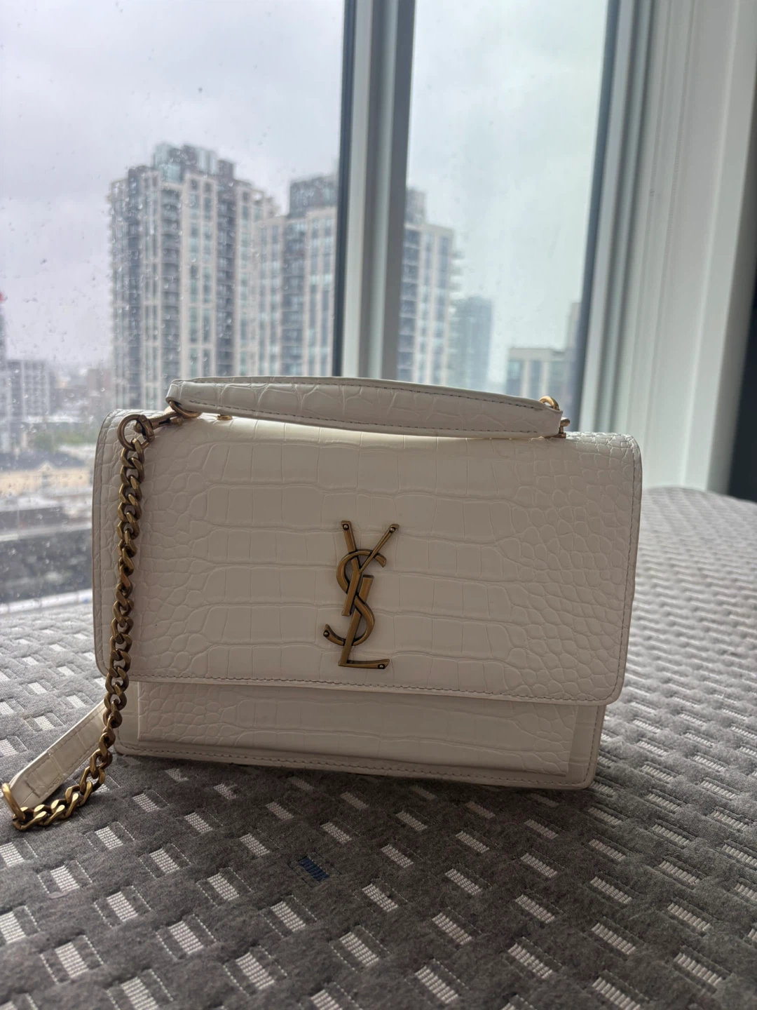 Ysl White Leather Croc Embossed Subset Bag