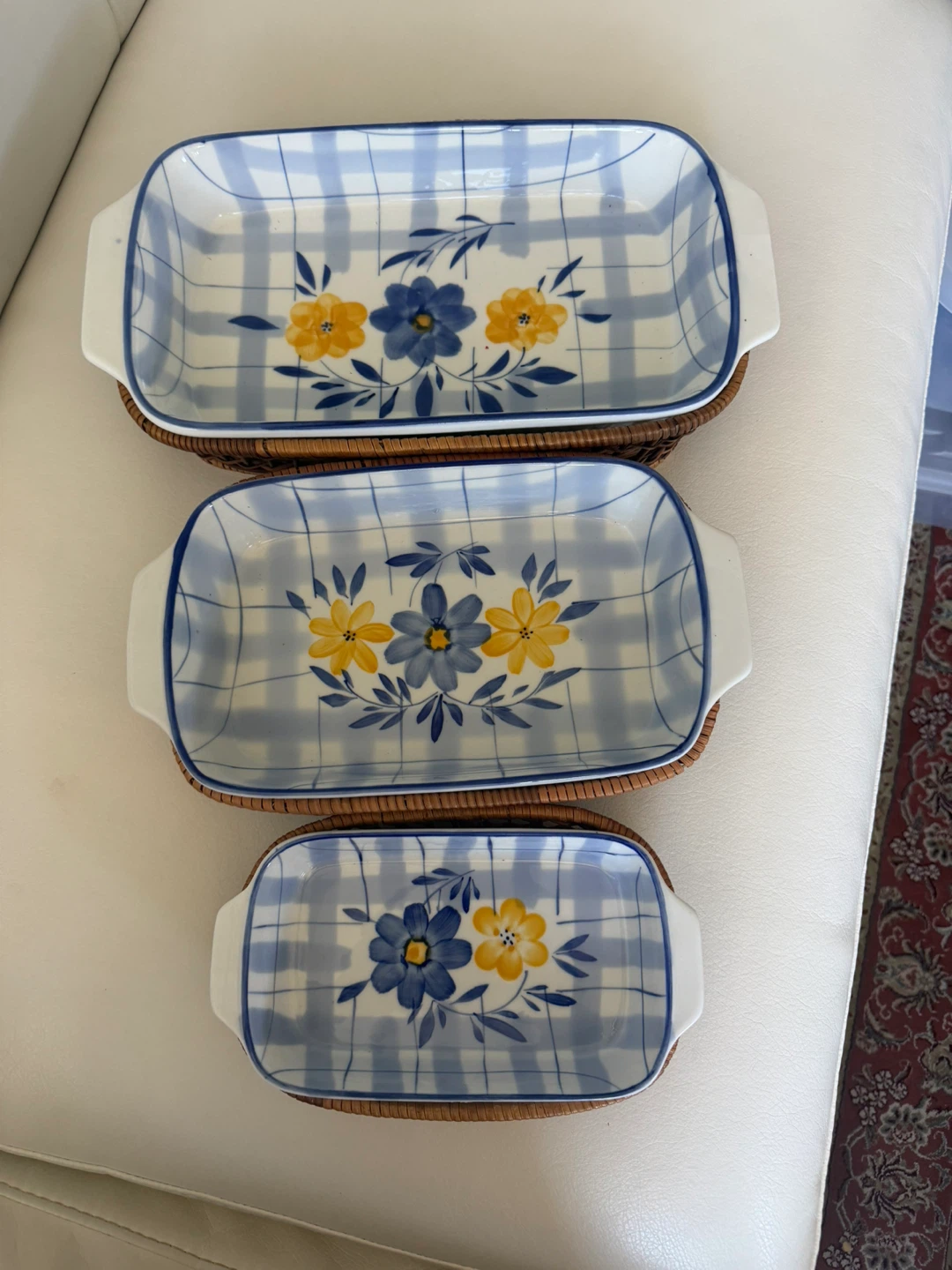 Set of 3 Rectangular Baking Dishes with Wicker Baskets