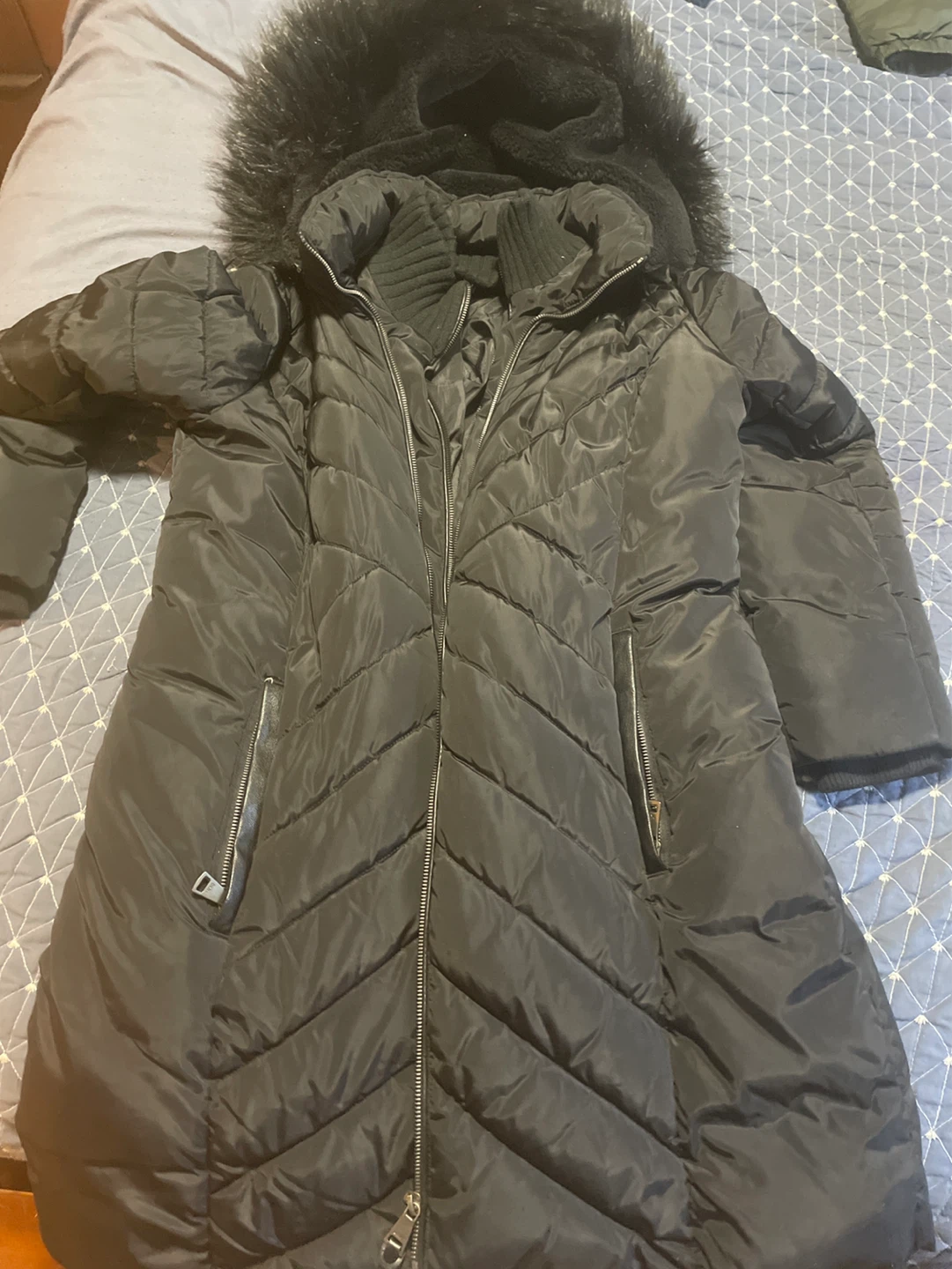 DKNY Black Puffer Coat with Fur Hood