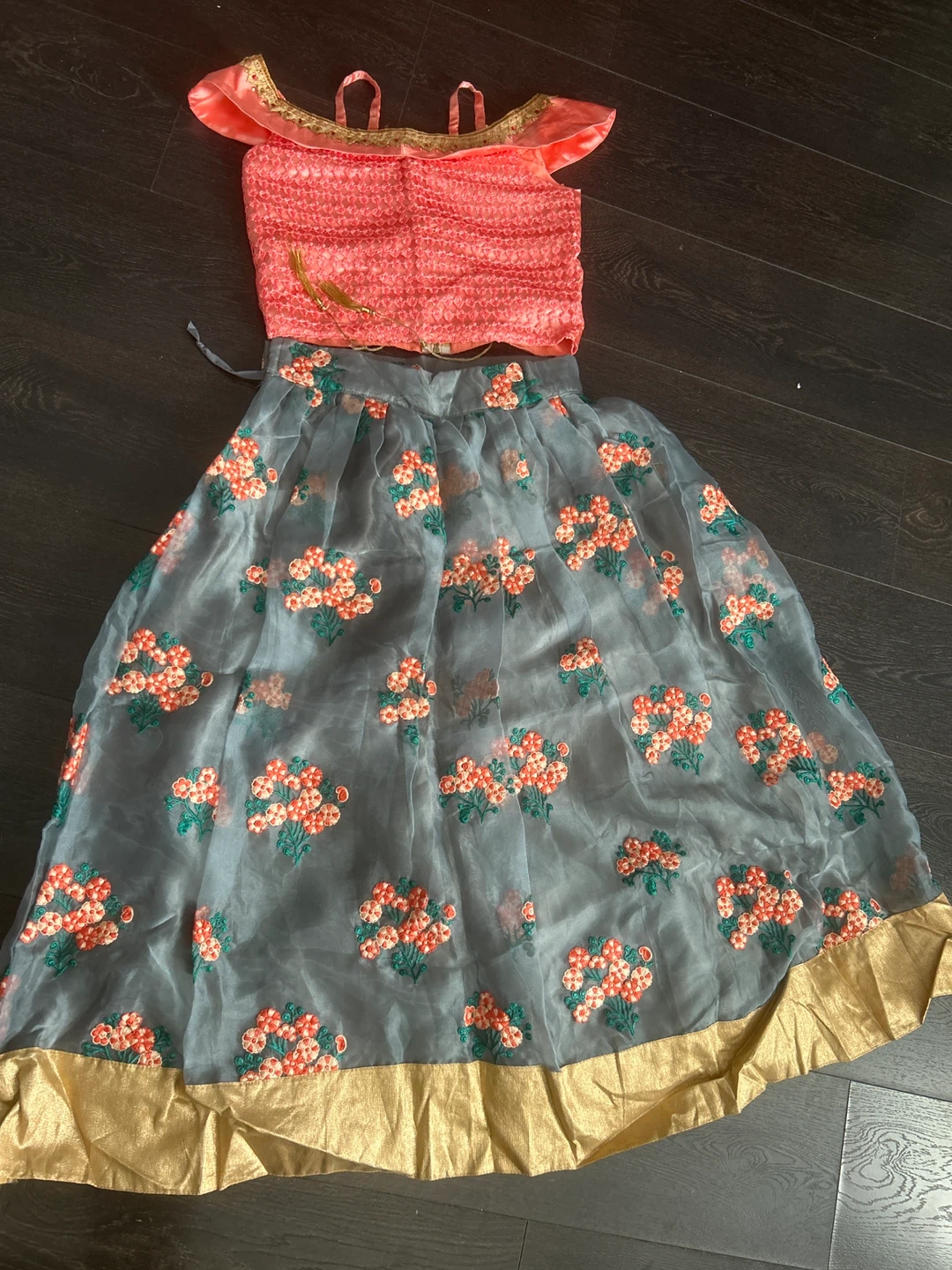 Indian outfit:Orange & Grey Floral Print Skirt and Top Set