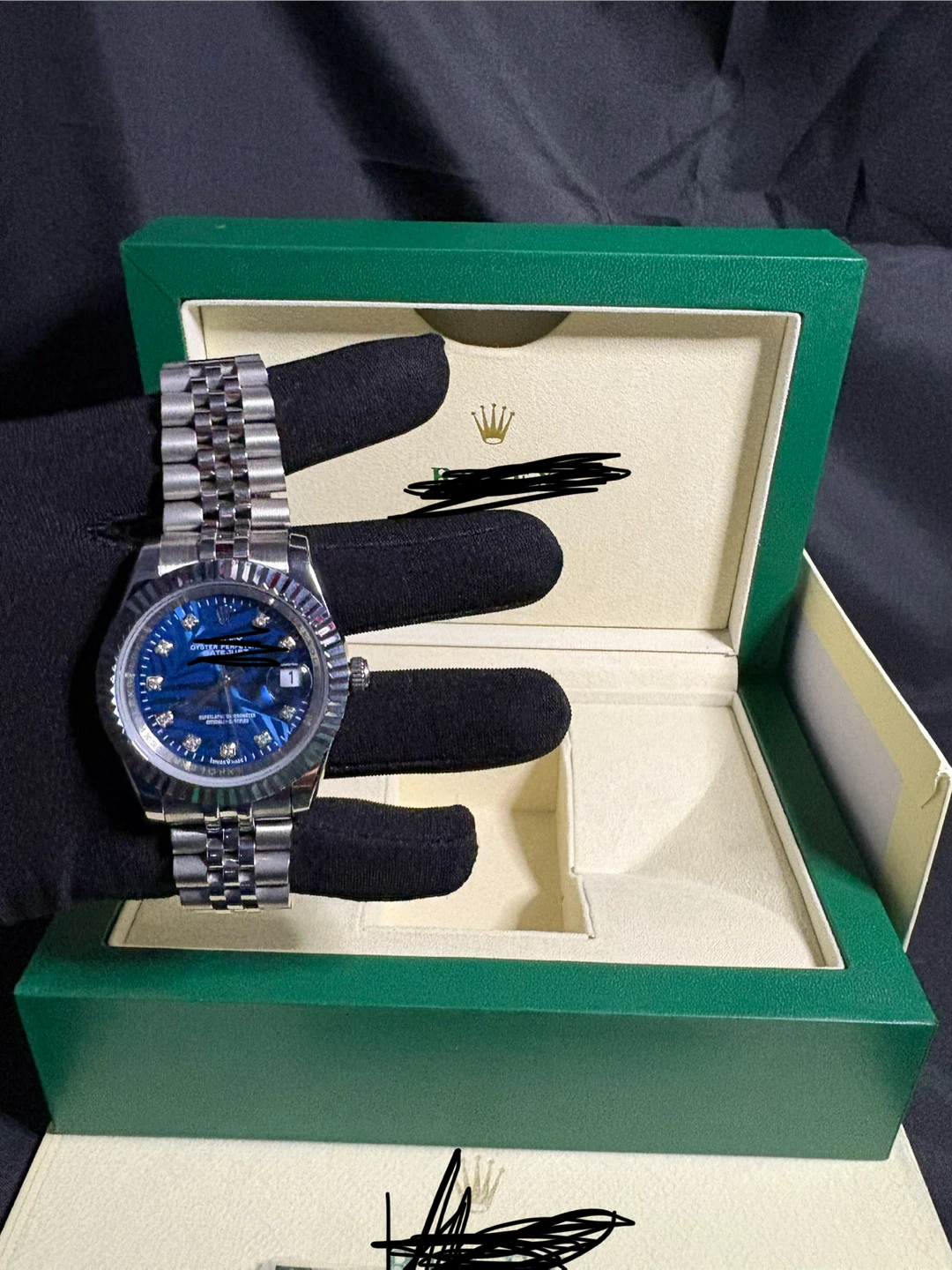Blue Diamond Dial Automatic Watch – Jubilee Bracelet – Full Set