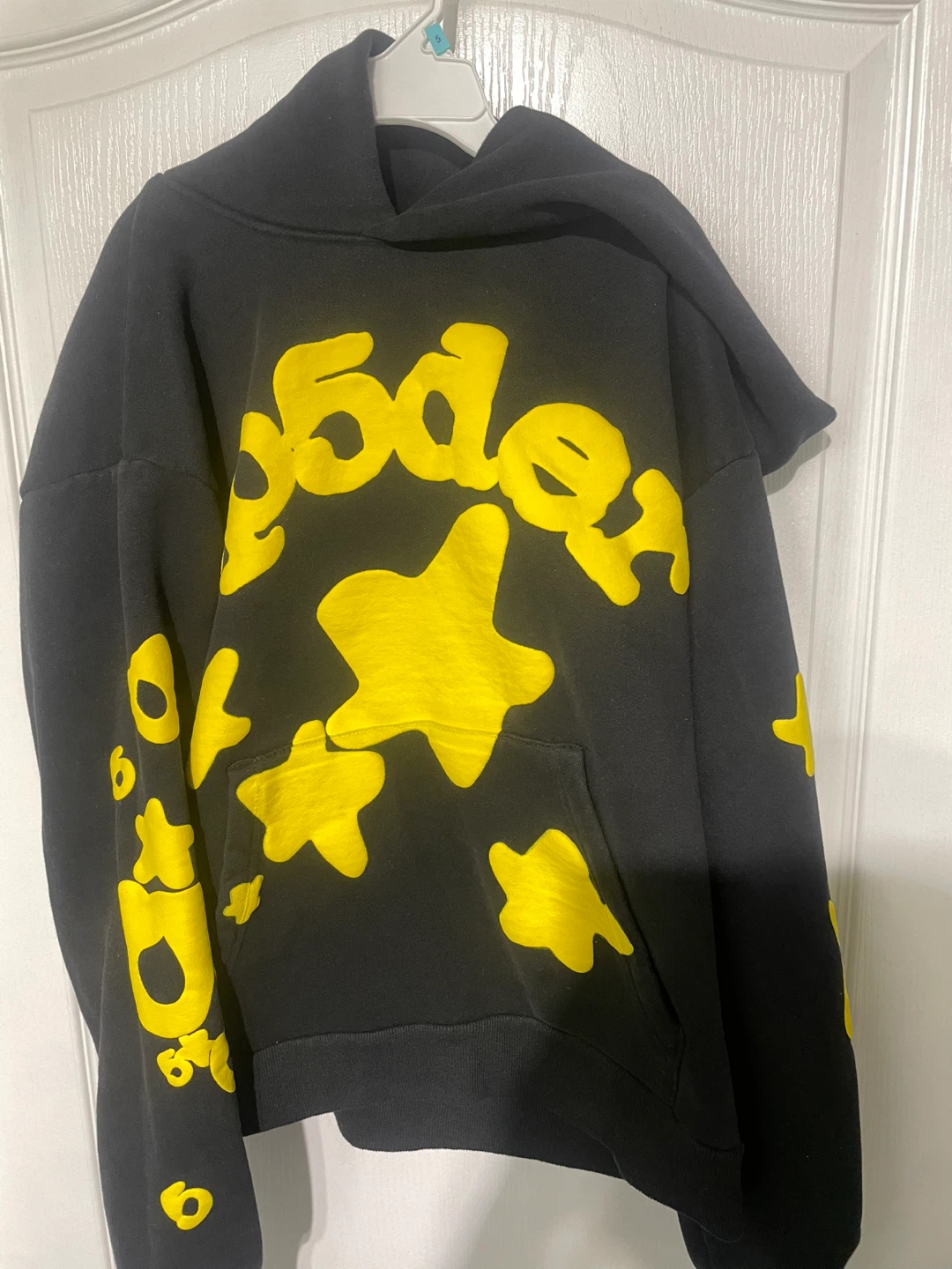 Black Hoodie with Yellow Stars and "Sp5der" Logo