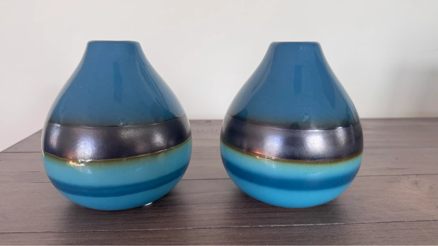 Teal Ceramic Vases with Dark Band - Set of 2