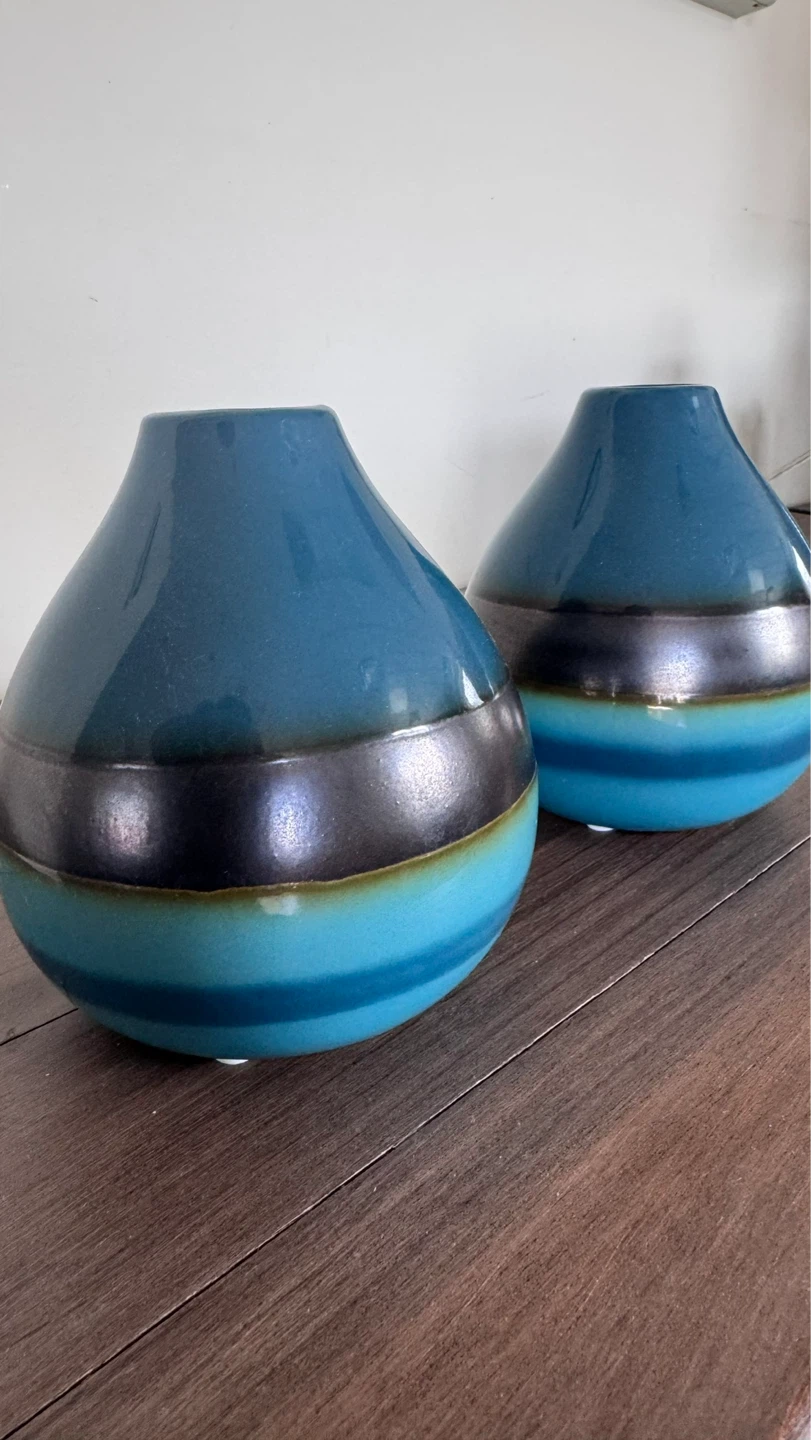 Teal Ceramic Vases with Dark Band - Set of 2 - photo 2