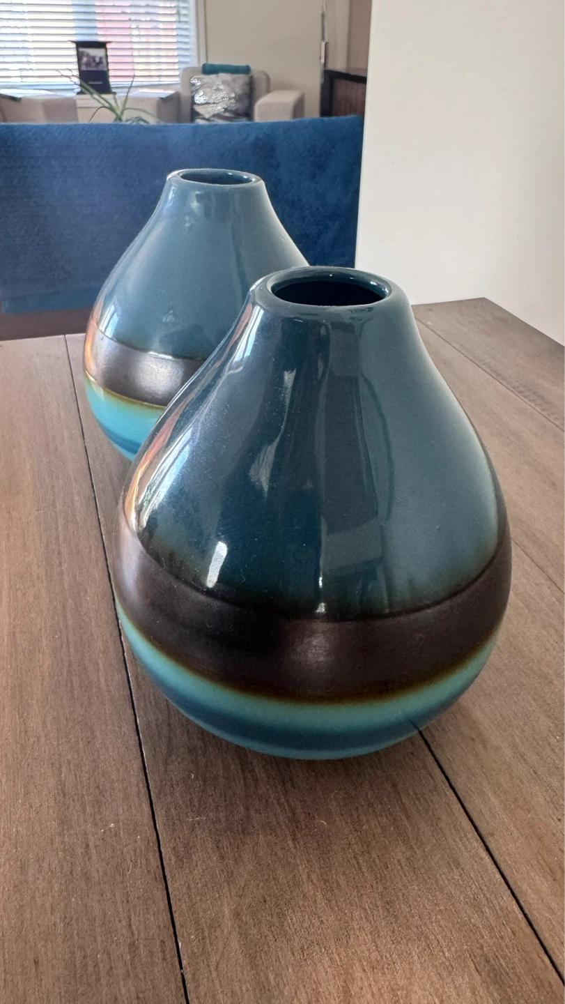 Teal Ceramic Vases with Dark Band - Set of 2 - photo 3