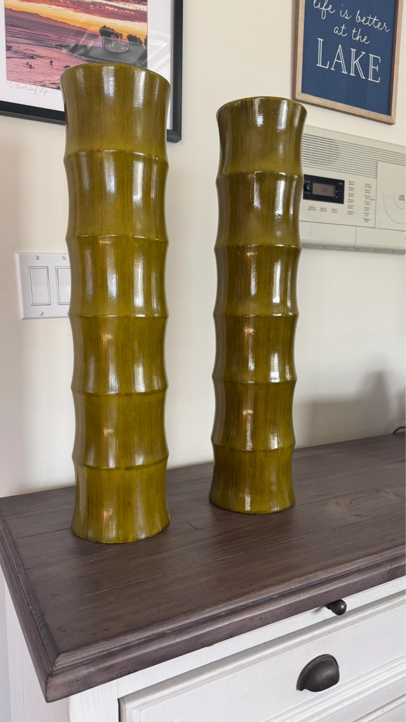 Pair of Large Bamboo-Style Vases - Olive Green