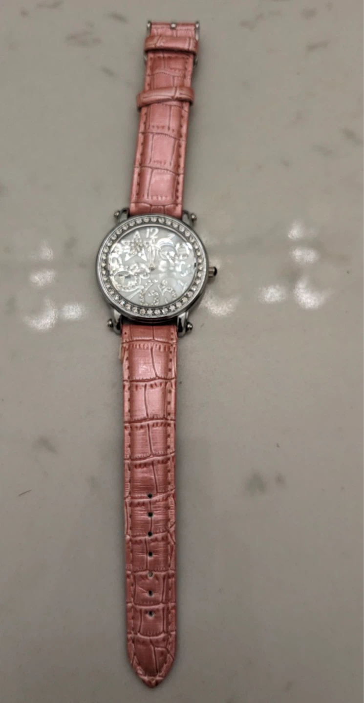 Women's Pink Faux Croc Leather Band Watch with Rhinestone Bezel - photo 2