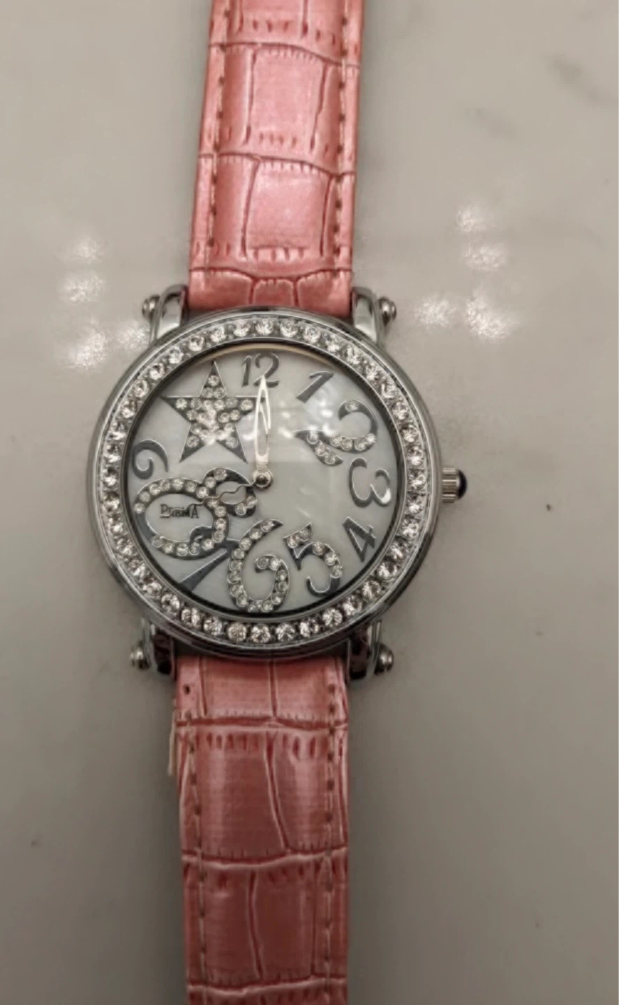 Women's Pink Faux Croc Leather Band Watch with Rhinestone Bezel