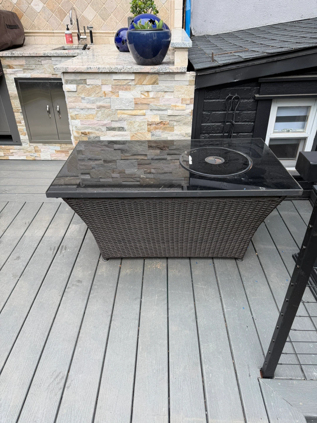 Rectangular Wicker & Glass Fire Pit Table