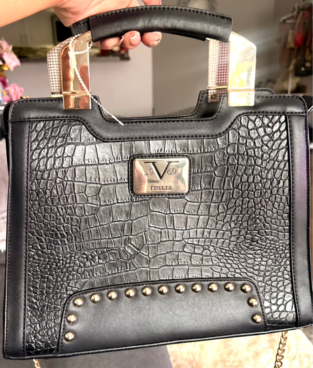 Authentic VERCACE  1969 croc Embossed  Handbag with Gold Chain