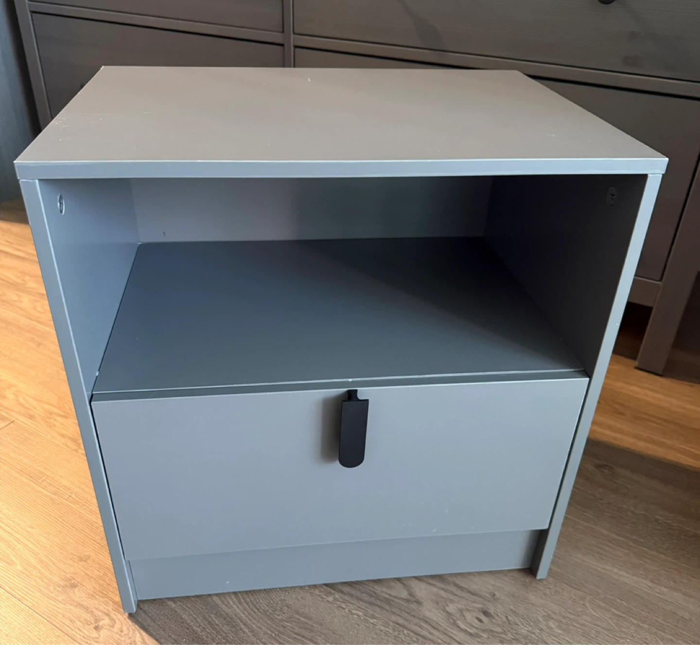 Grey nightstand with drawer and shelf
