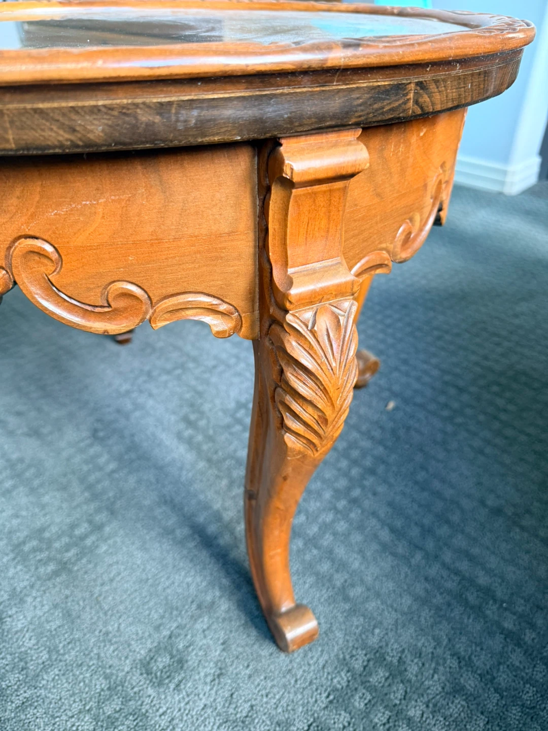 Vintage Carved Wood Side Table with Glass Top - photo 3
