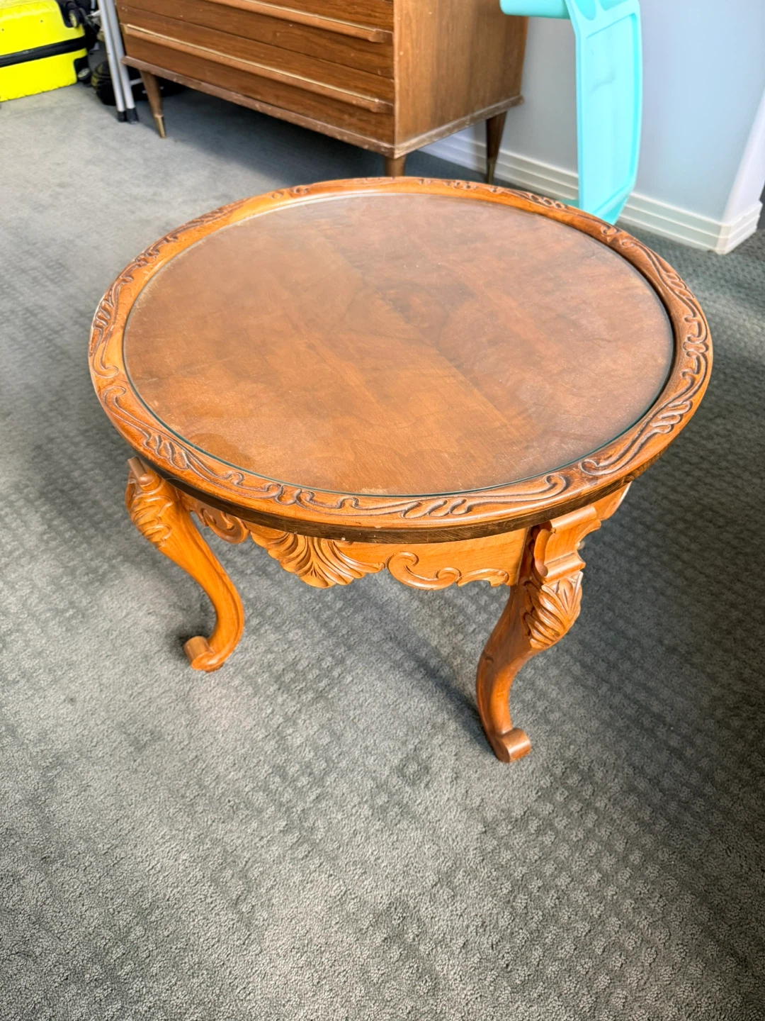 Vintage Carved Wood Side Table with Glass Top - photo 2