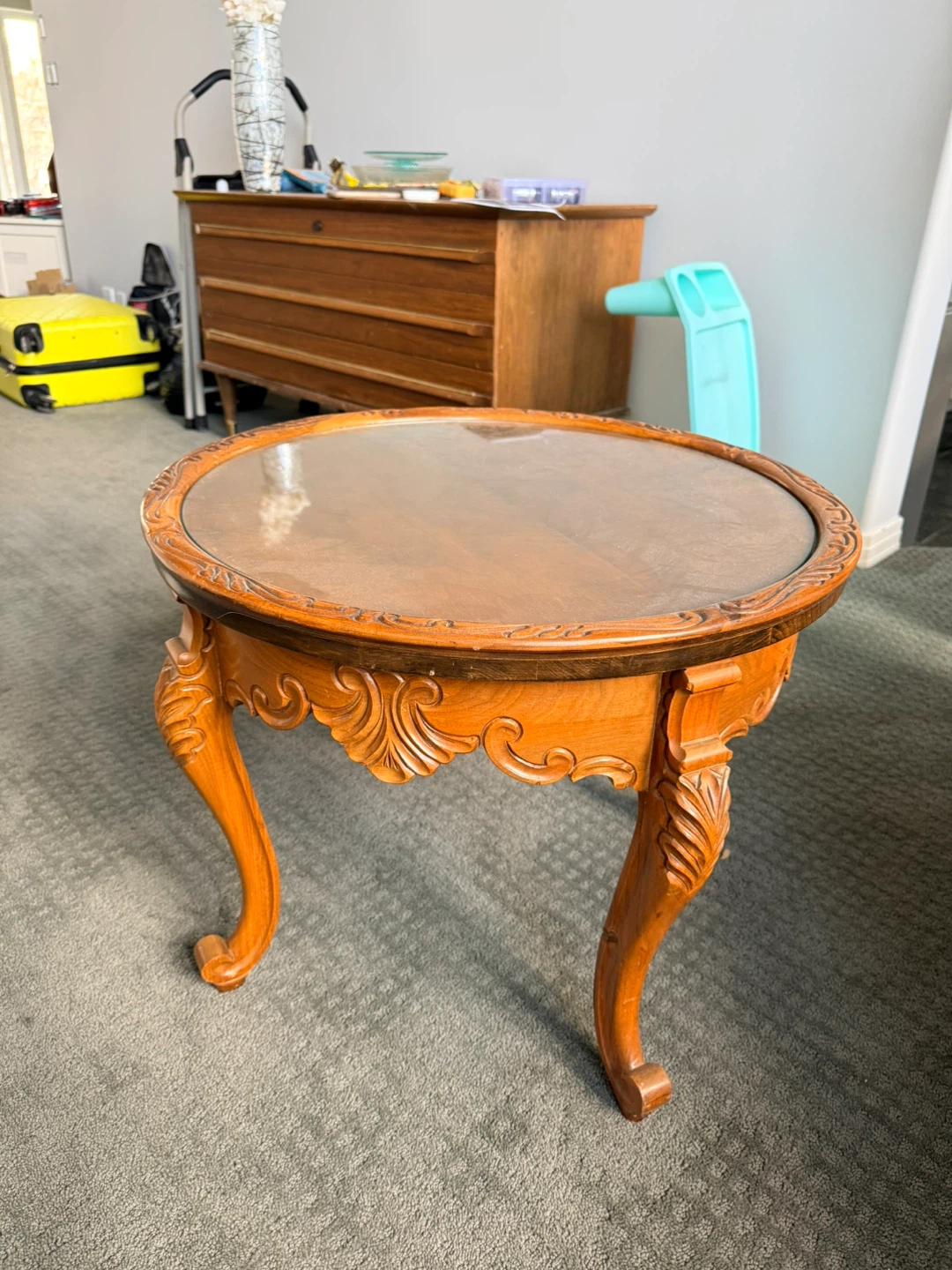 Vintage Carved Wood Side Table with Glass Top